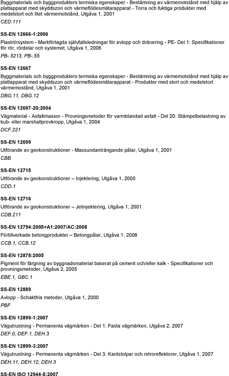 111 SS-EN 12666-1:2006 Plaströrsystem - Markförlagda självfallsledningar för avlopp och dränering - PE- Del 1: Specifikationer för rör, rördelar och systemet, Utgåva 1, 2006 PB-.5213, PB-.