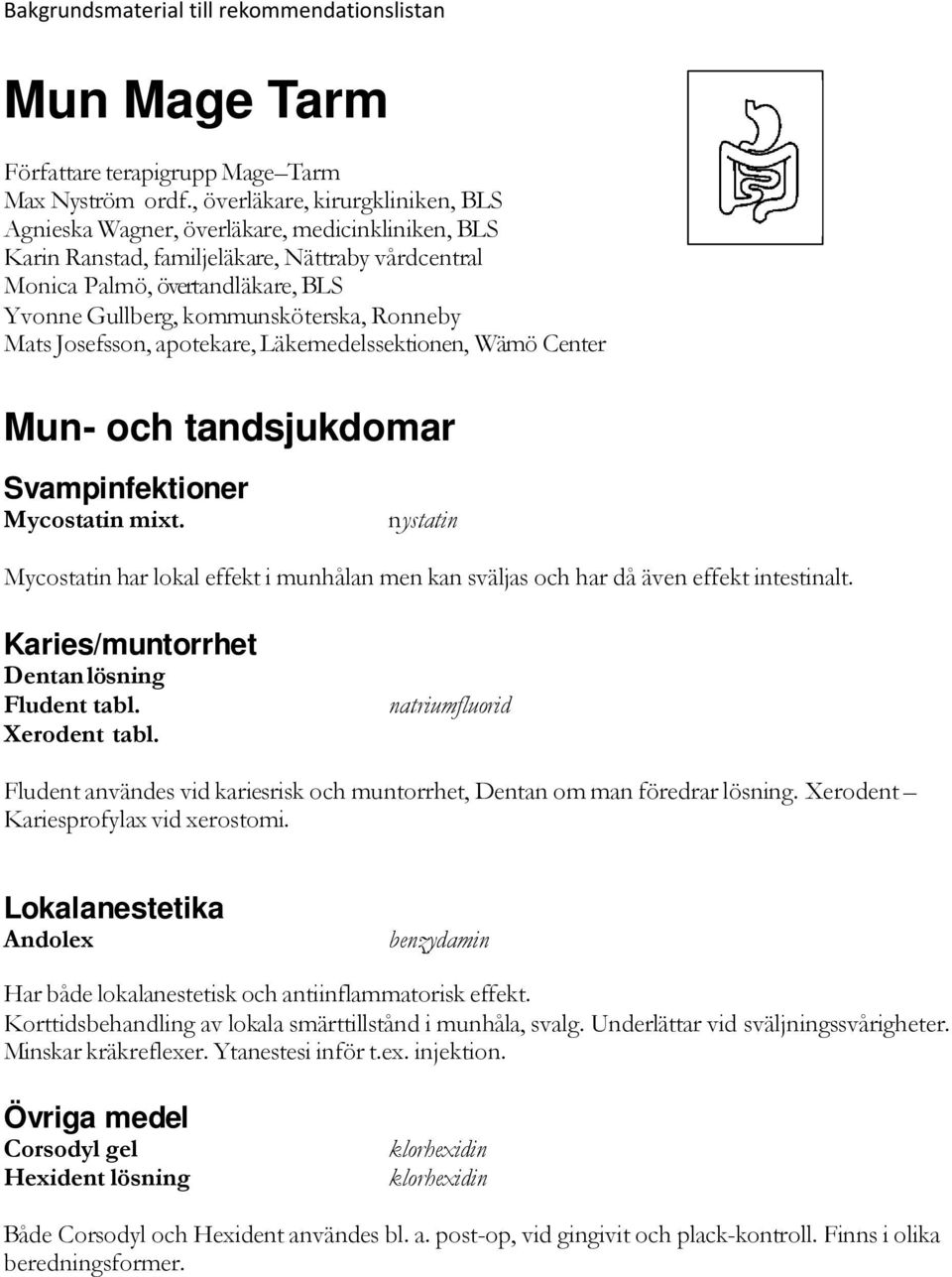 kommunsköterska, Ronneby Mats Josefsson, apotekare, Läkemedelssektionen, Wämö Center Mun- och tandsjukdomar Svampinfektioner Mycostatin mixt.