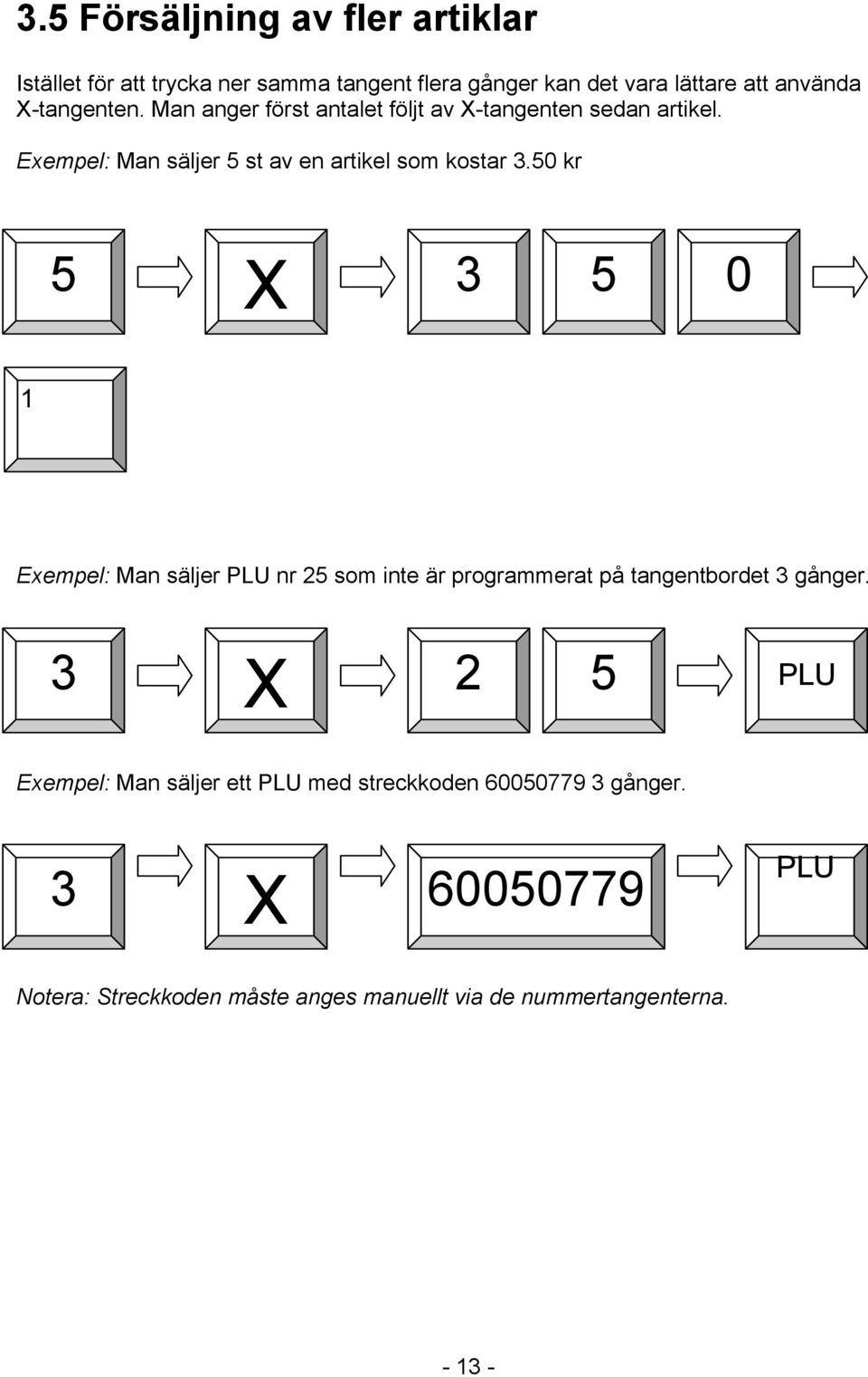 50 kr 5 X 3 5 0 1 Exempel: Man säljer PLU nr 25 som inte är programmerat på tangentbordet 3 gånger.