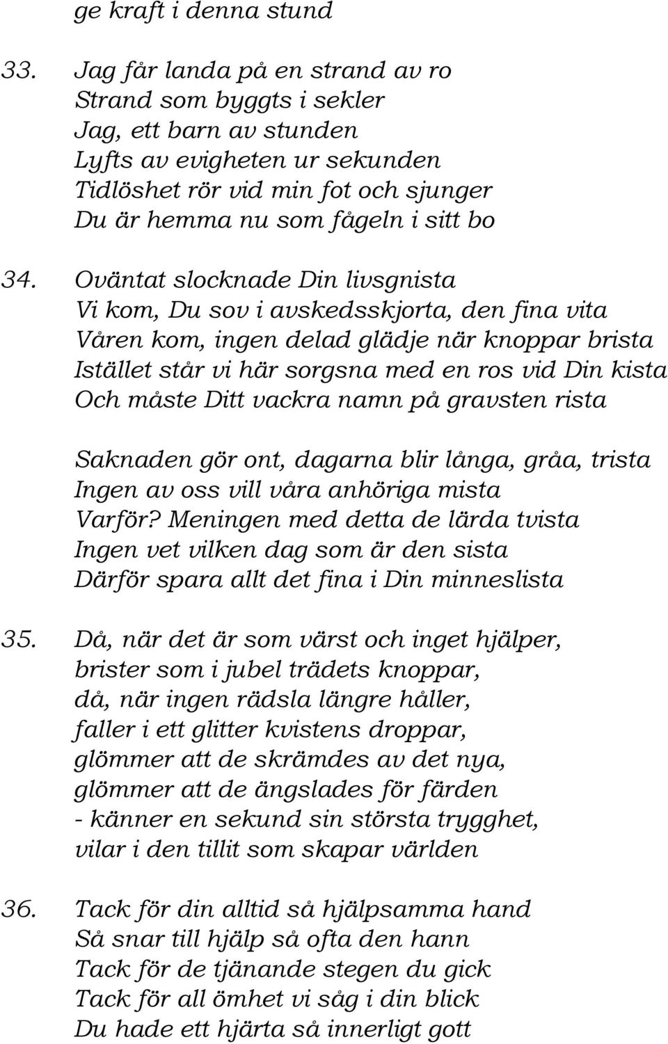 Oväntat slocknade Din livsgnista Vi kom, Du sov i avskedsskjorta, den fina vita Våren kom, ingen delad glädje när knoppar brista Istället står vi här sorgsna med en ros vid Din kista Och måste Ditt