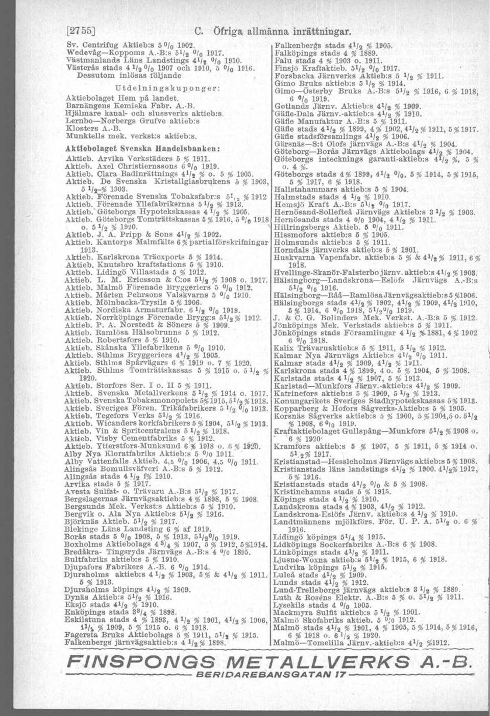 c..ofriga.,all~änna inrättningar. Falkenbergs stads 41/2 % 1905. Falköpings stads 4 % 1889. Falu stads 4 % 1903 0.1911. Finsjö Kraftaktieb. 51/2 0/O1917. Forsbacka Järnverks Aktieb:s 5 1/2 % 1911.