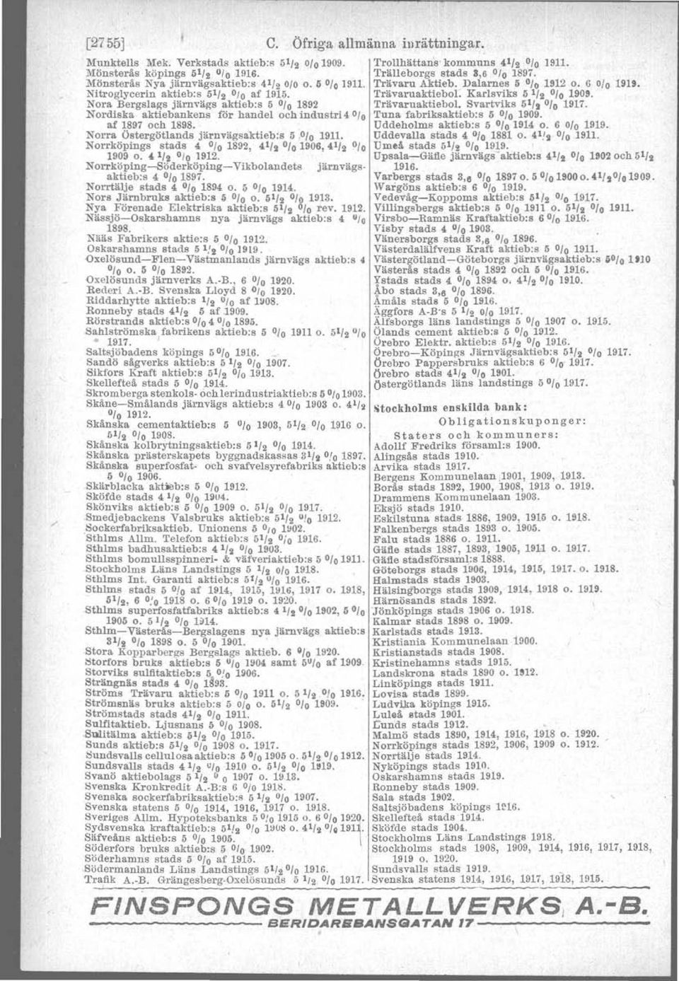 Nora Bergslags järnvägs aktieb.s 5 0/o 1892 Trävaruaktiebol. Svartviks 51/,% 1917. Nordiska aktiebankens för handel och industri 4 0/O Tuna fabriksaktieb:s 5 % 1909. af ~897och 1898.