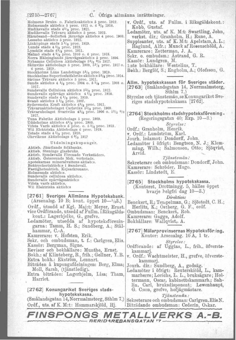 ; Granholm, H.; Rune, A. Lesaebo caktteb:s ö proc. 1912. " l t t af K M t A el t ro A L Linköpings stads 5112 proc. 1919. eupp ean er, u s..:: p s a,.; Lunds stads 41/2 proc. 1912. Haglund, Alfr.