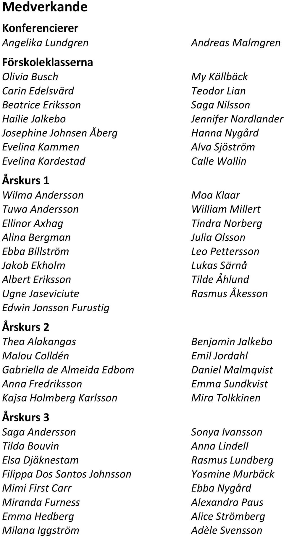 Edbom Anna Fredriksson Kajsa Holmberg Karlsson Årskurs 3 Saga Andersson Tilda Bouvin Elsa Djäknestam Filippa Dos Santos Johnsson Mimi First Carr Miranda Furness Emma Hedberg Milana Iggström Andreas