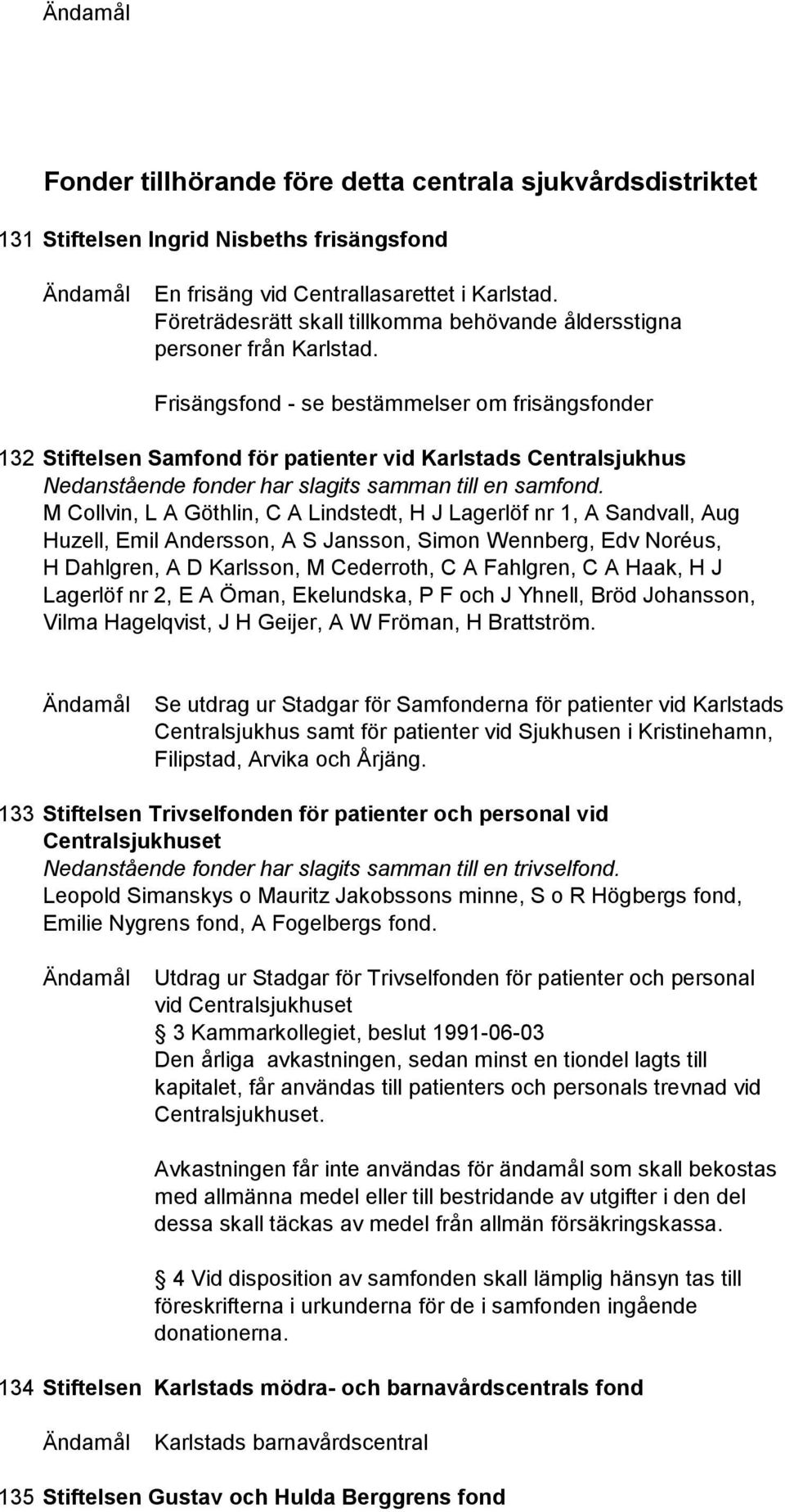 Frisängsfond - se bestämmelser om frisängsfonder 132 Stiftelsen Samfond för patienter vid Karlstads Centralsjukhus Nedanstående fonder har slagits samman till en samfond.