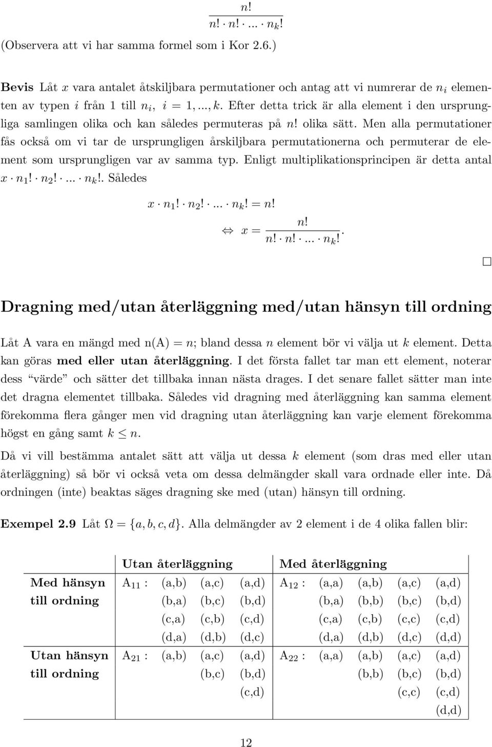 Men alla permutationer fås också om vi tar de ursprungligen årskiljbara permutationerna och permuterar de element som ursprungligen var av samma typ.