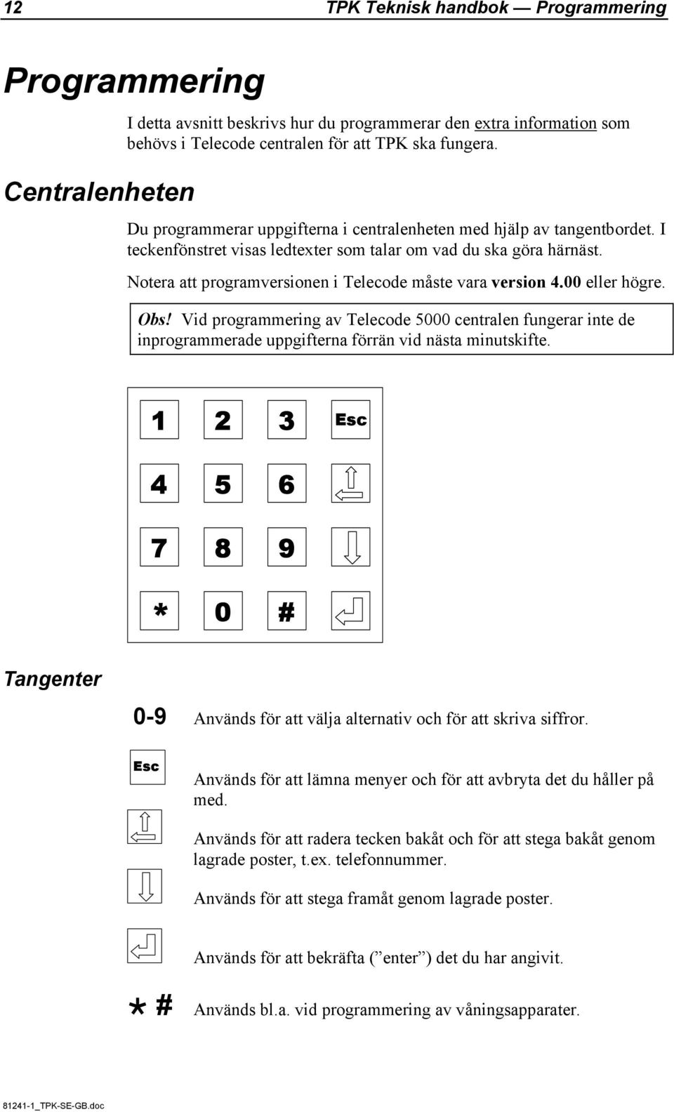 Notera att programversionen i Telecode måste vara version 4.00 eller högre. Obs! Vid programmering av Telecode 5000 centralen fungerar inte de inprogrammerade uppgifterna förrän vid nästa minutskifte.