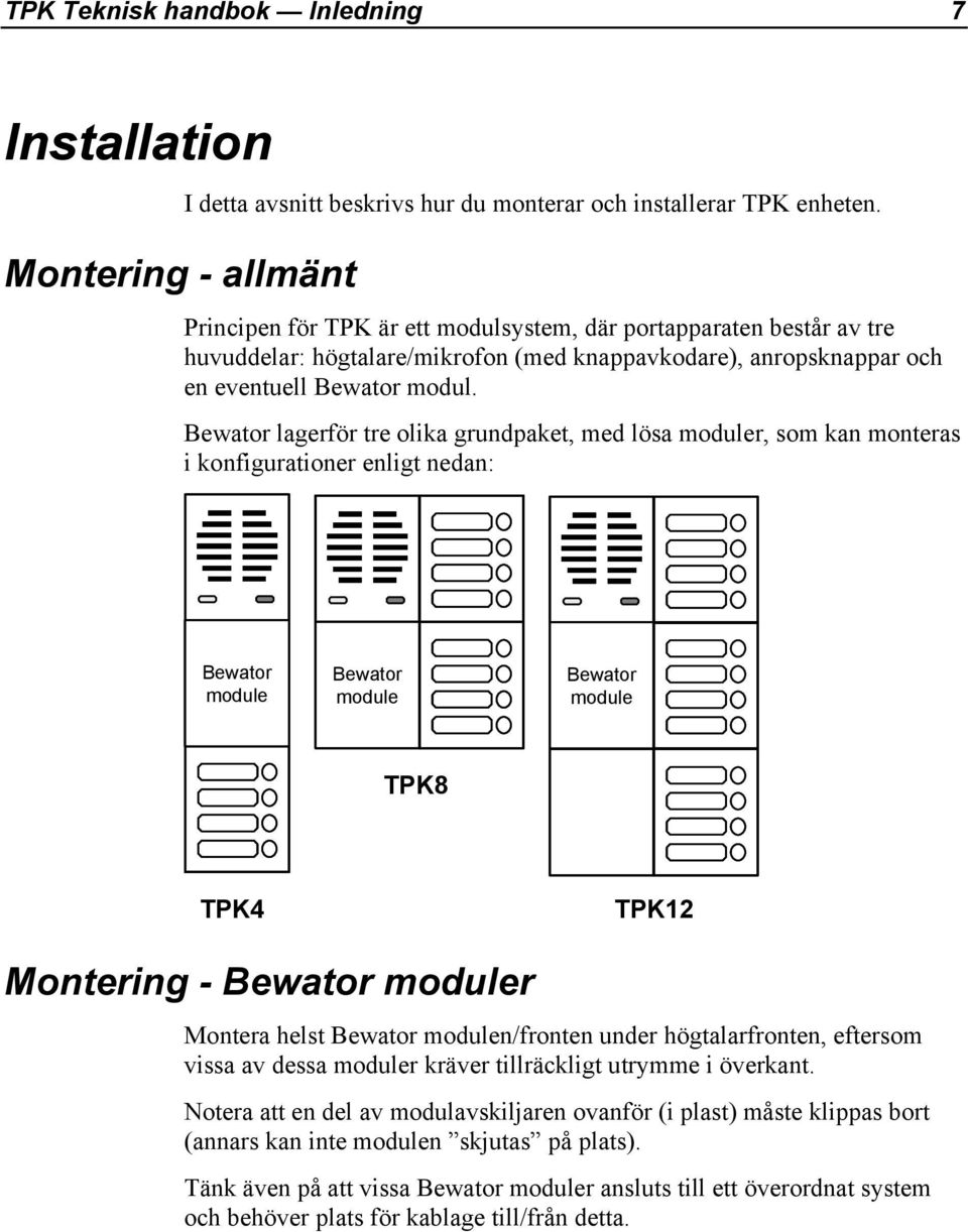 Bewator lagerför tre olika grundpaket, med lösa moduler, som kan monteras i konfigurationer enligt nedan: Bewator module Bewator module Bewator module TPK8 TPK4 TPK12 Montering - Bewator moduler