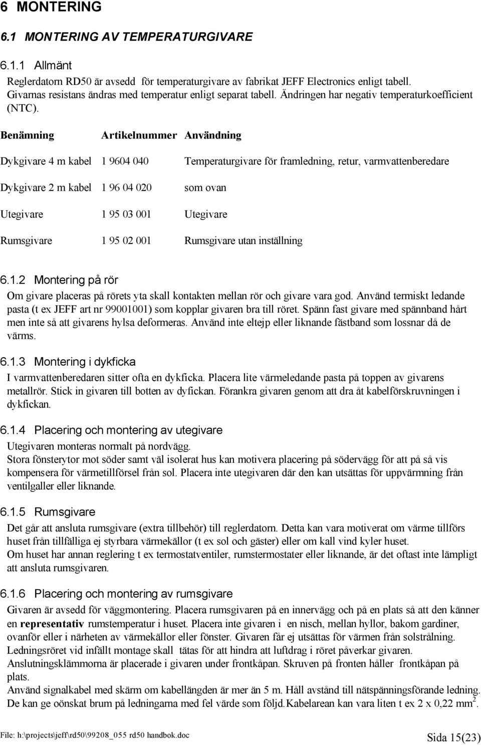 Benämning Artikelnummer Användning Dykgivare 4 m kabel 1 9604 040 Dykgivare 2 m kabel 1 96 04 020 Temperaturgivare för framledning, retur, varmvattenberedare som ovan Utegivare 1 95 03 001 Utegivare