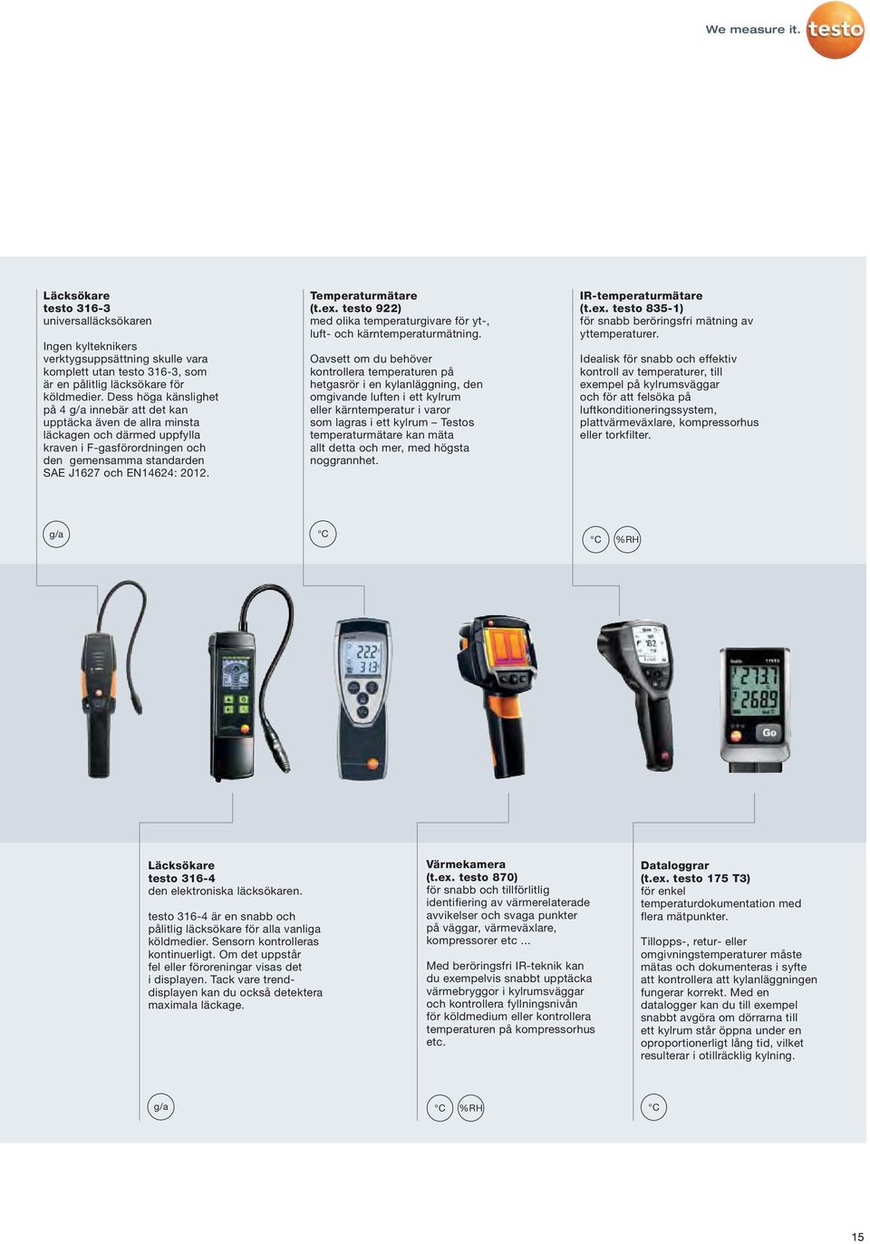 Temperaturmätare (t.ex. testo 922) med olika temperaturgivare för yt-, luft- och kärntemperaturmätning.