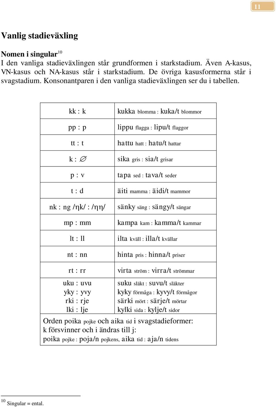 kk : k pp : p tt : t k : p : v t : d nk : ng / k/ : / / mp : mm lt : ll nt : nn kukka blomma : kuka/t blommor lippu flagga : lipu/t flaggor hattu hatt : hatu/t hattar sika gris : sia/t grisar tapa