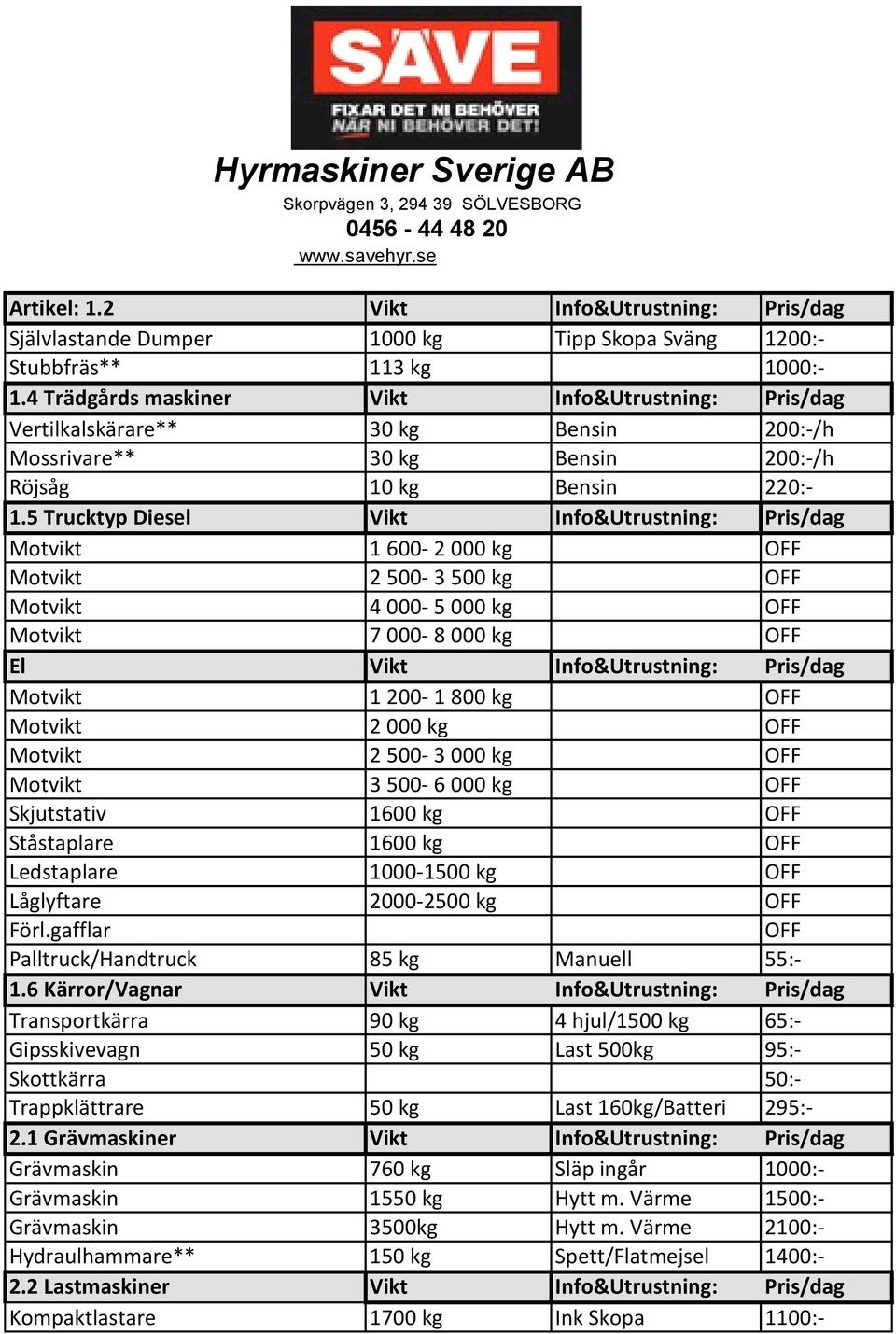 4 Trädgårds maskiner Vikt Info&Utrustning: Pris/dag Vertilkalskärare** 30 kg Bensin 200:-/h Mossrivare** 30 kg Bensin 200:-/h Röjsåg 10 kg Bensin 220:- 1.