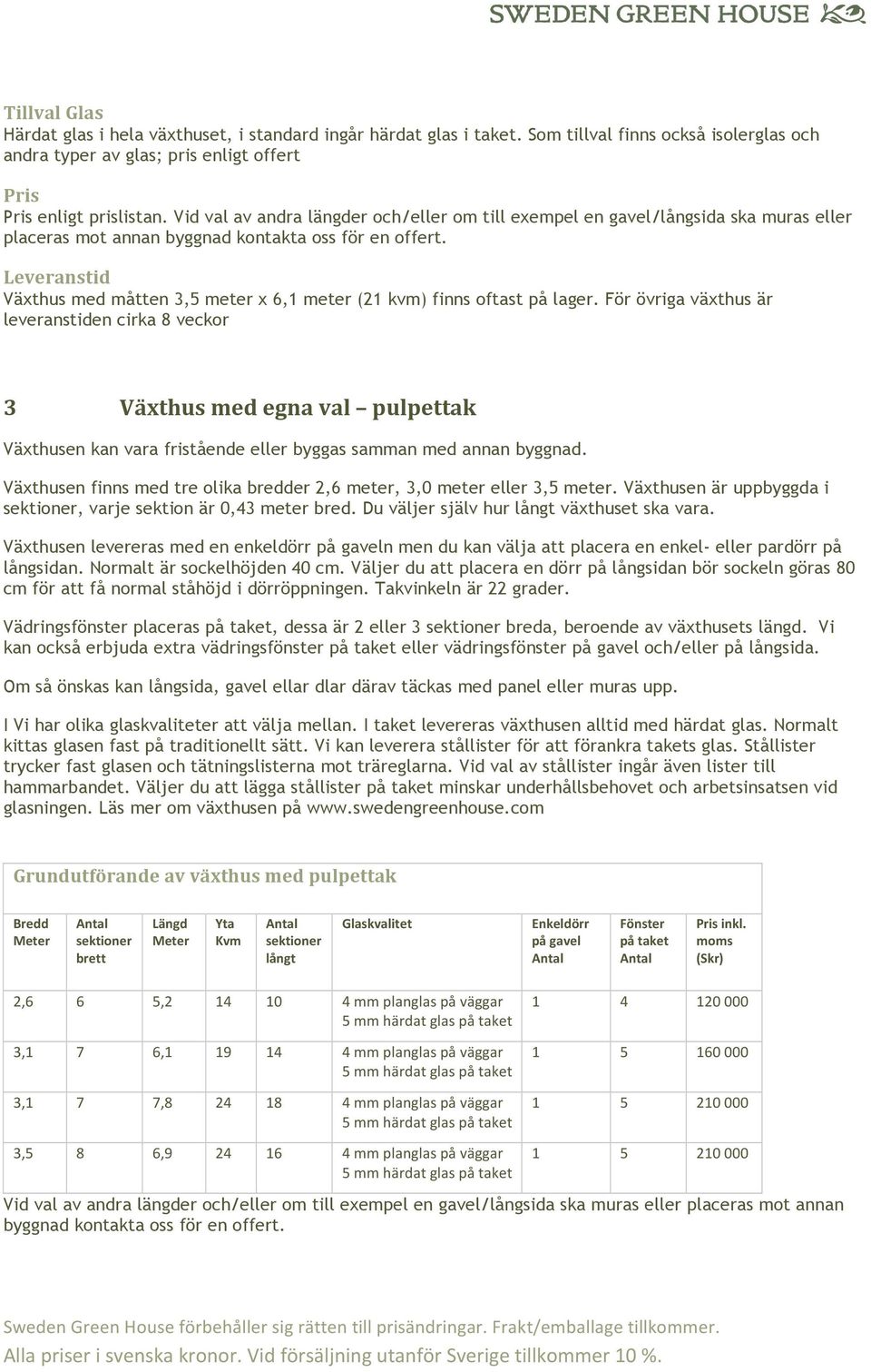 Växthus med måtten 3,5 meter x 6,1 meter (21 kvm) finns oftast på lager.