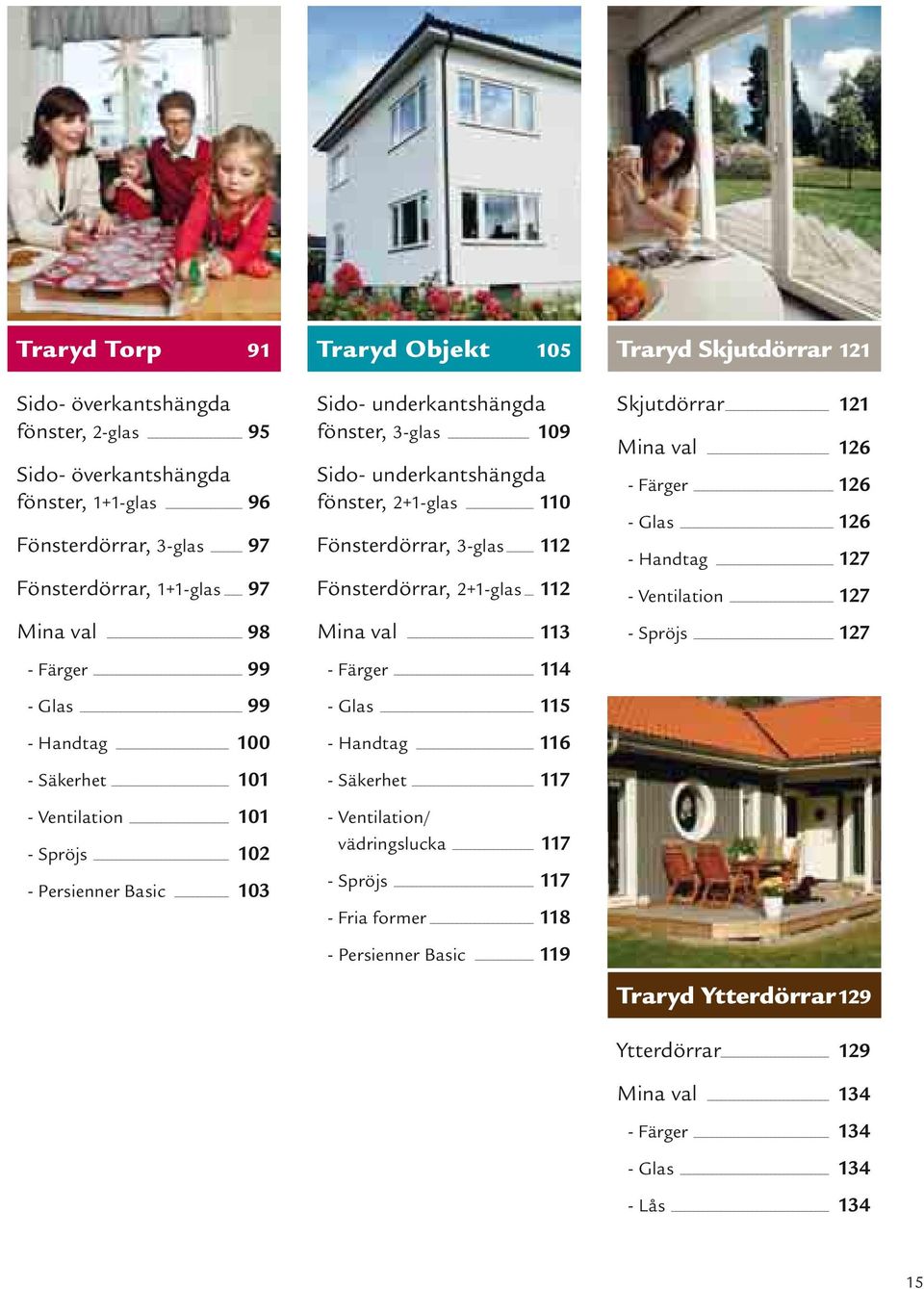 3-glas 112 Fönsterdörrar, 2+1-glas 112 Mina val 113 - Färger 114 - Glas 115 - Handtag 116 - Säkerhet 117 - Ventilation/ vädringslucka 117 - Spröjs 117 - Fria former 118 - Persienner Basic 119