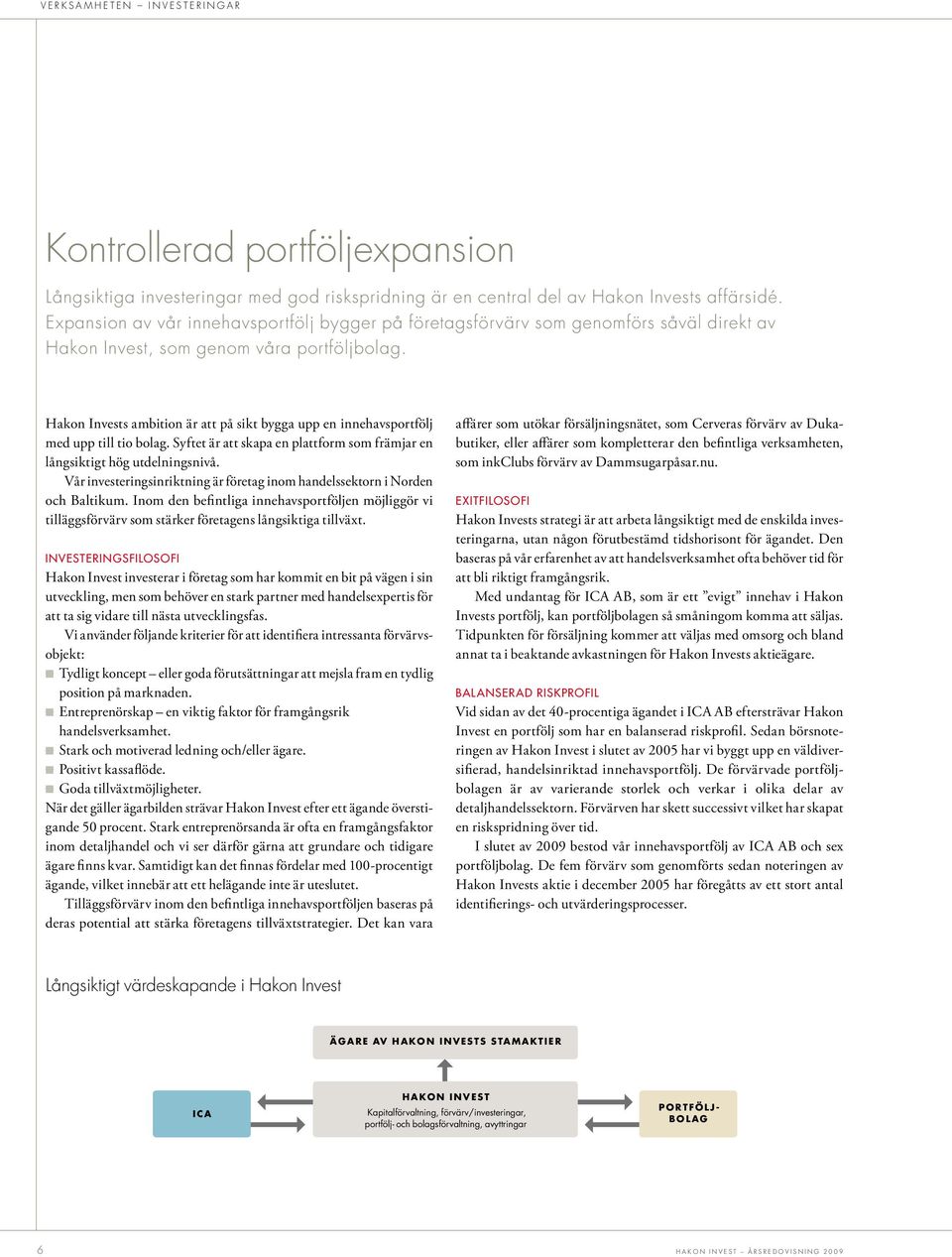 Hakon Invests ambition är att på sikt bygga upp en innehavsportfölj med upp till tio bolag. Syftet är att skapa en plattform som främjar en långsiktigt hög utdelningsnivå.