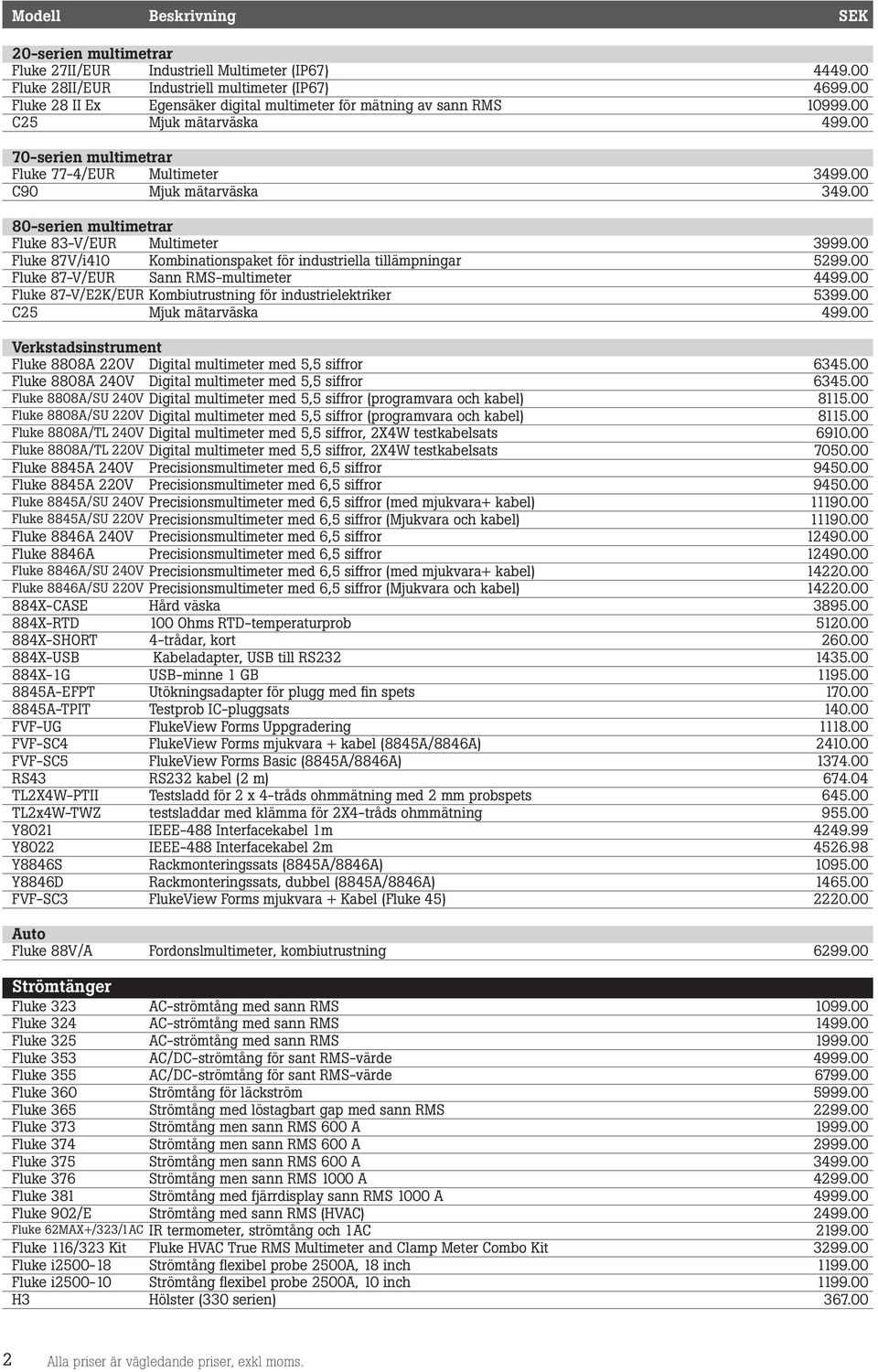 00 80-serien multimetrar Fluke 83-V/EUR Multimeter 3999.00 Fluke 87V/i410 Kombinationspaket för industriella tillämpningar 5299.00 Fluke 87-V/EUR Sann RMS-multimeter 4499.