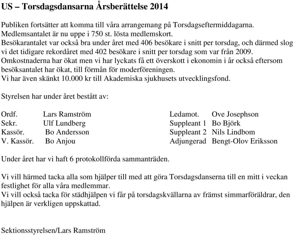 Omkostnaderna har ökat men vi har lyckats få ett överskott i ekonomin i år också eftersom besöksantalet har ökat, till förmån för moderföreningen. Vi har även skänkt 10.