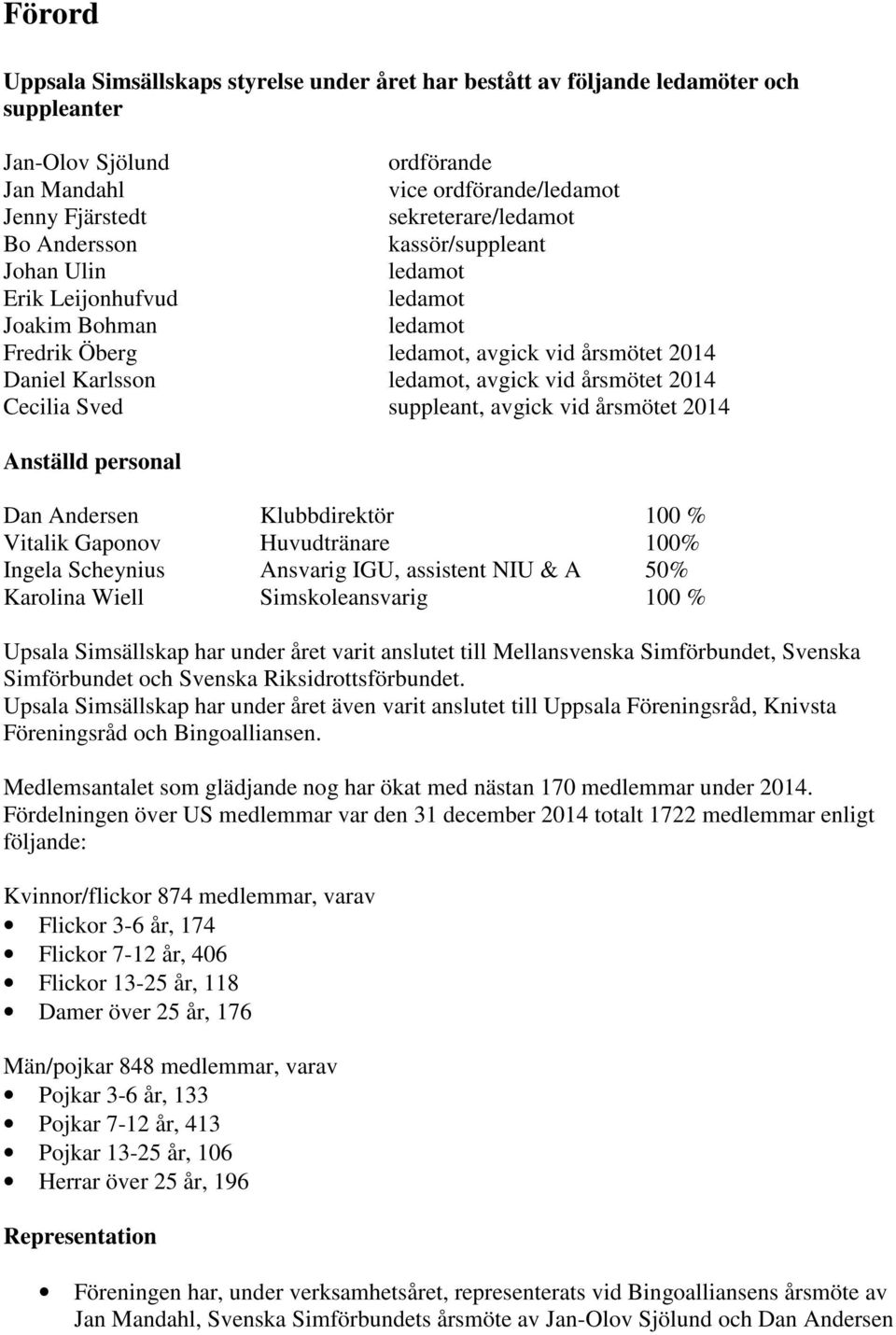 Cecilia Sved suppleant, avgick vid årsmötet 2014 Anställd personal Dan Andersen Klubbdirektör 100 % Vitalik Gaponov Huvudtränare 100% Ingela Scheynius Ansvarig IGU, assistent NIU & A 50% Karolina