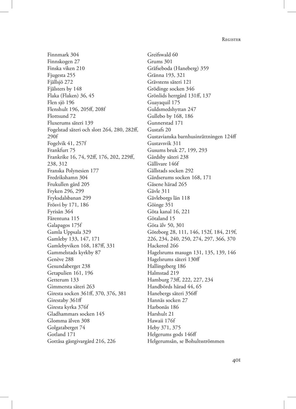 Fryksdalsbanan 299 Frösvi by 171, 186 Fyrisån 364 Färentuna 115 Galapagos 175f Gamla Uppsala 329 Gamleby 133, 147, 171 Gamlebyviken 168, 187ff, 331 Gammelstads kyrkby 87 Genève 288 Gesundaberget 238