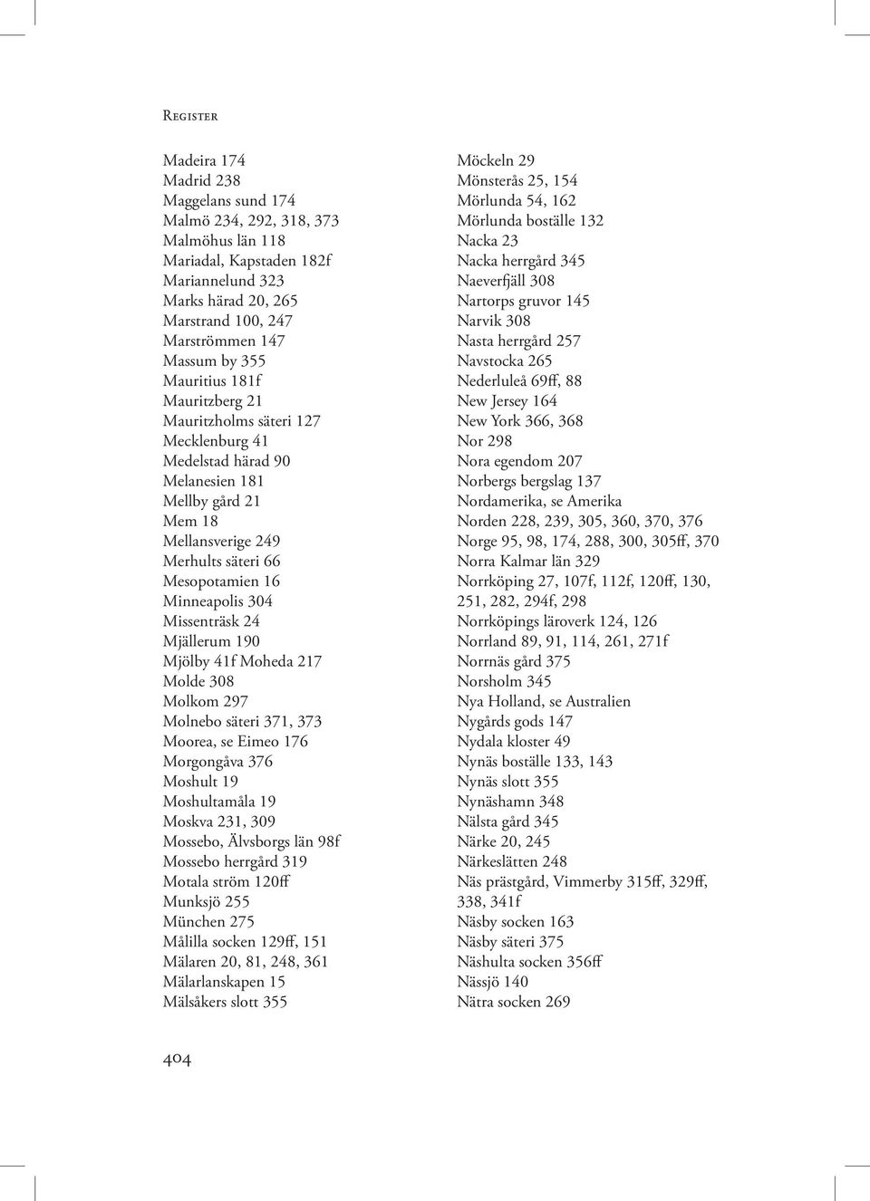 Missenträsk 24 Mjällerum 190 Mjölby 41f Moheda 217 Molde 308 Molkom 297 Molnebo säteri 371, 373 Moorea, se Eimeo 176 Morgongåva 376 Moshult 19 Moshultamåla 19 Moskva 231, 309 Mossebo, Älvsborgs län