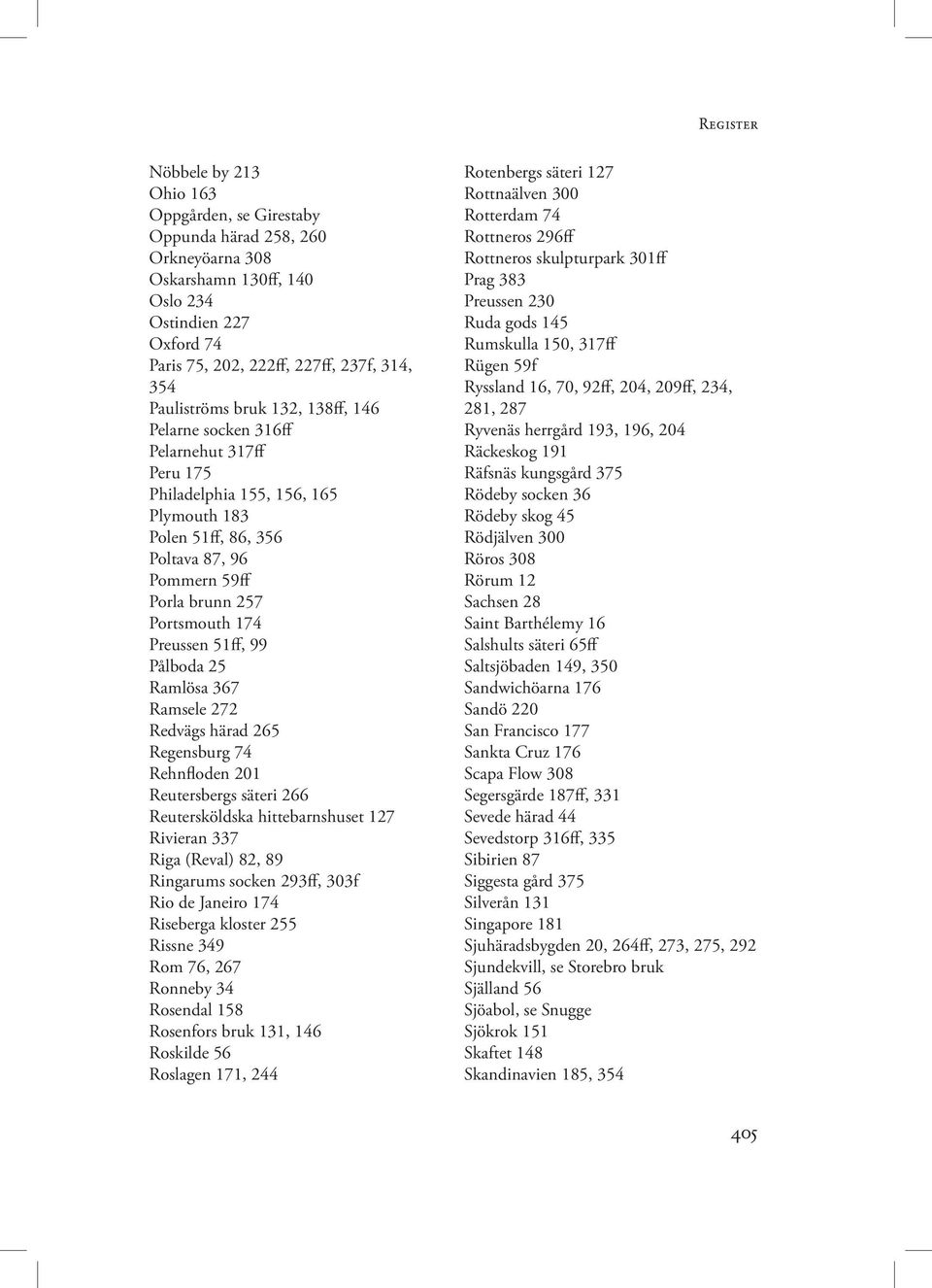 51ff, 99 Pålboda 25 Ramlösa 367 Ramsele 272 Redvägs härad 265 Regensburg 74 Rehnfloden 201 Reutersbergs säteri 266 Reutersköldska hittebarnshuset 127 Rivieran 337 Riga (Reval) 82, 89 Ringarums socken