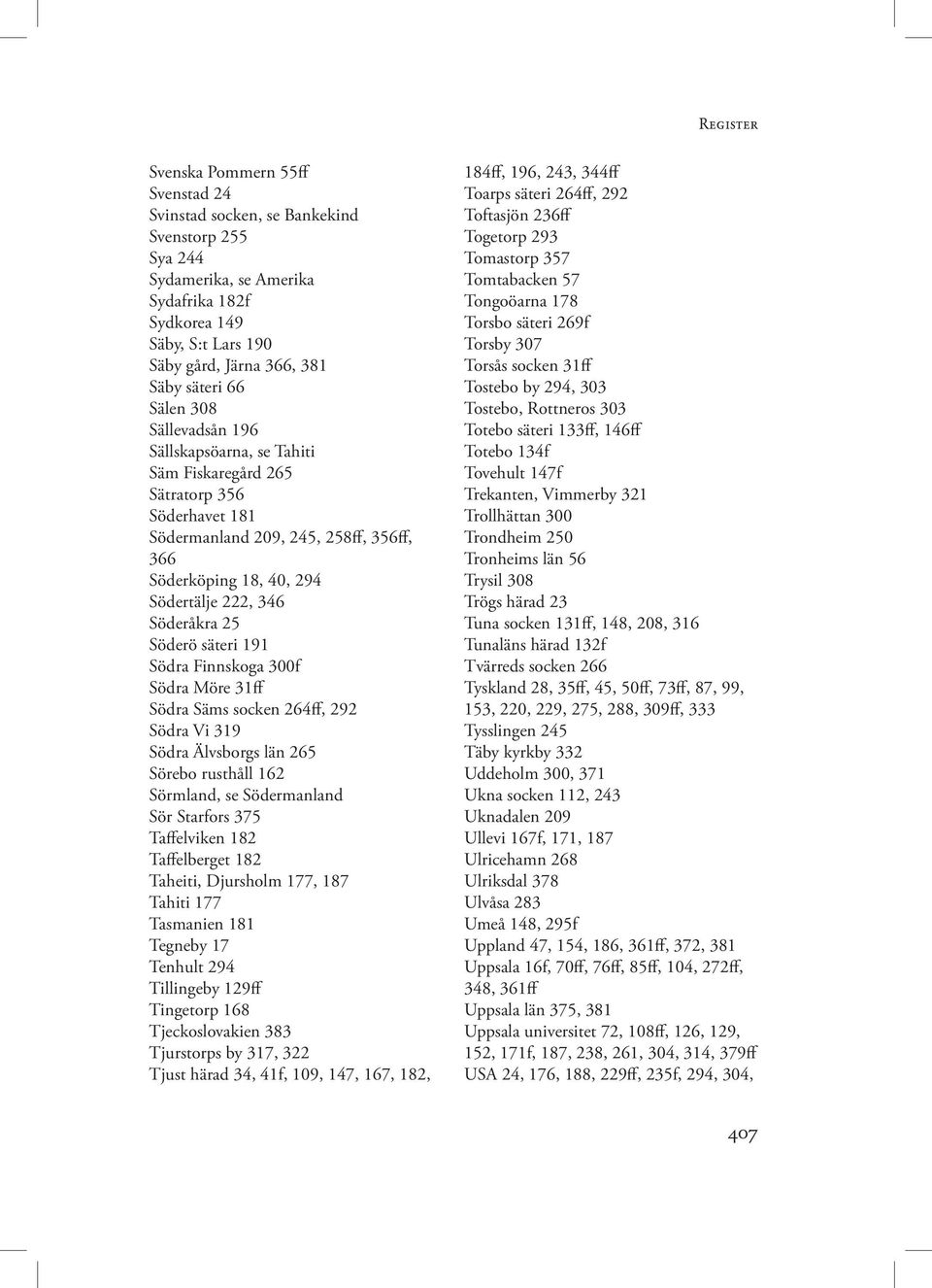 Söderö säteri 191 Södra Finnskoga 300f Södra Möre 31ff Södra Säms socken 264ff, 292 Södra Vi 319 Södra Älvsborgs län 265 Sörebo rusthåll 162 Sörmland, se Södermanland Sör Starfors 375 Taffelviken 182