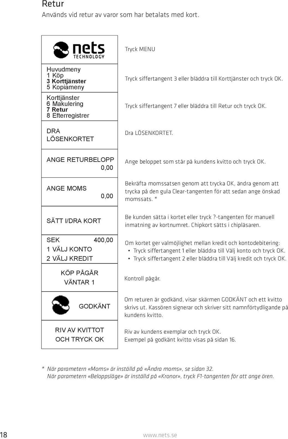 Tryck siffertangent 7 eller bläddra till Retur och tryck OK. Dra LÖSENKORTET. ANGE RETURBELOPP 0,00 Ange beloppet som står på kundens kvitto och tryck OK.