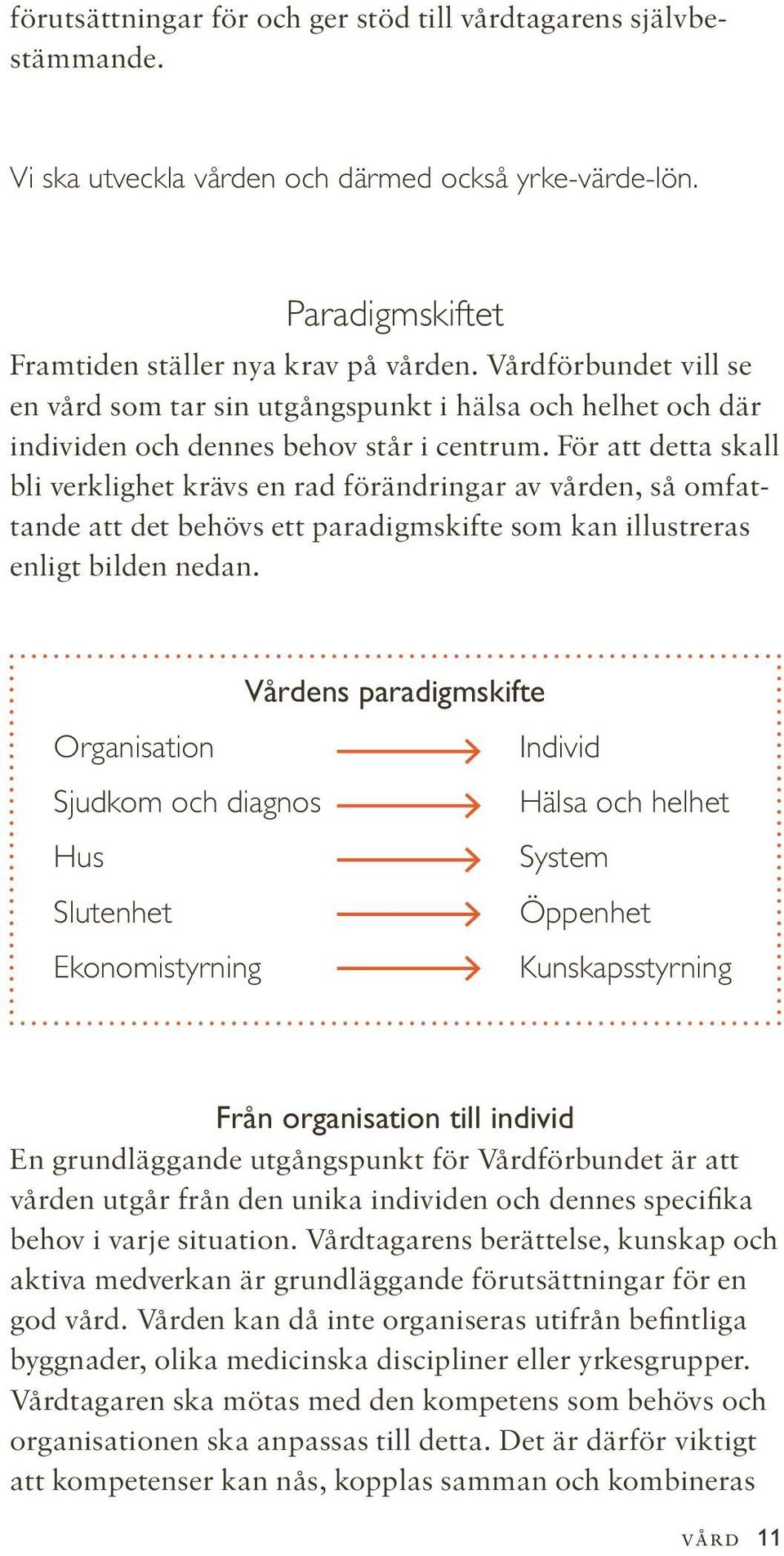 För att detta skall bli verklighet krävs en rad förändringar av vården, så omfattande att det behövs ett paradigmskifte som kan illustreras enligt bilden nedan.