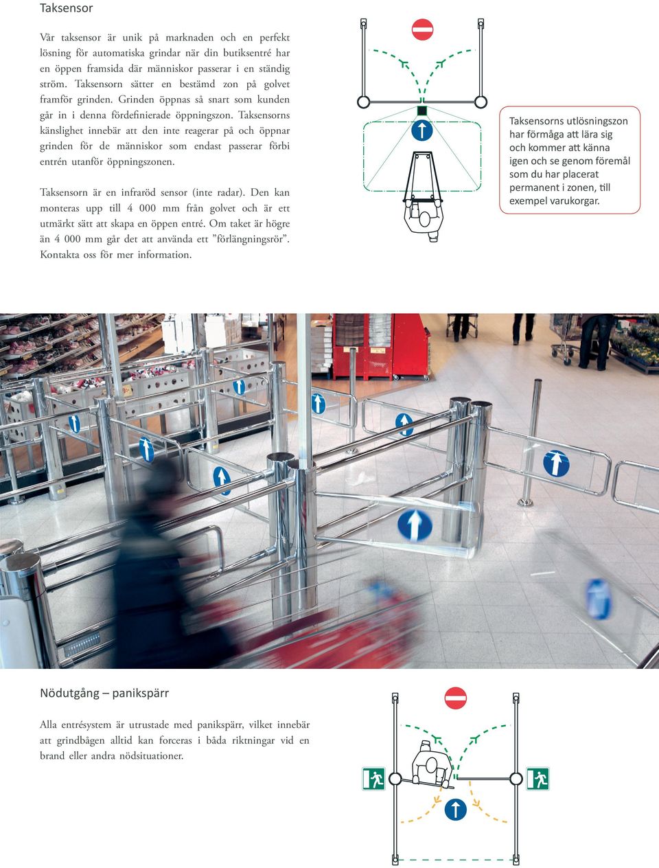 Taksensorns känslighet innebär att den inte reagerar på och öppnar grinden för de människor som endast passerar förbi entrén utanför öppningszonen. Taksensorn är en infraröd sensor (inte radar).