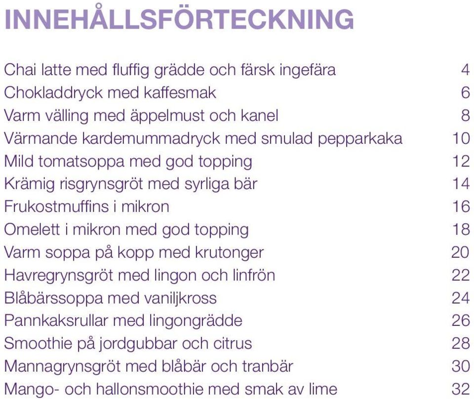 Omelett i mikron med god topping 18 Varm soppa på kopp med krutonger 20 Havregrynsgröt med lingon och linfrön 22 Blåbärssoppa med vaniljkross 24