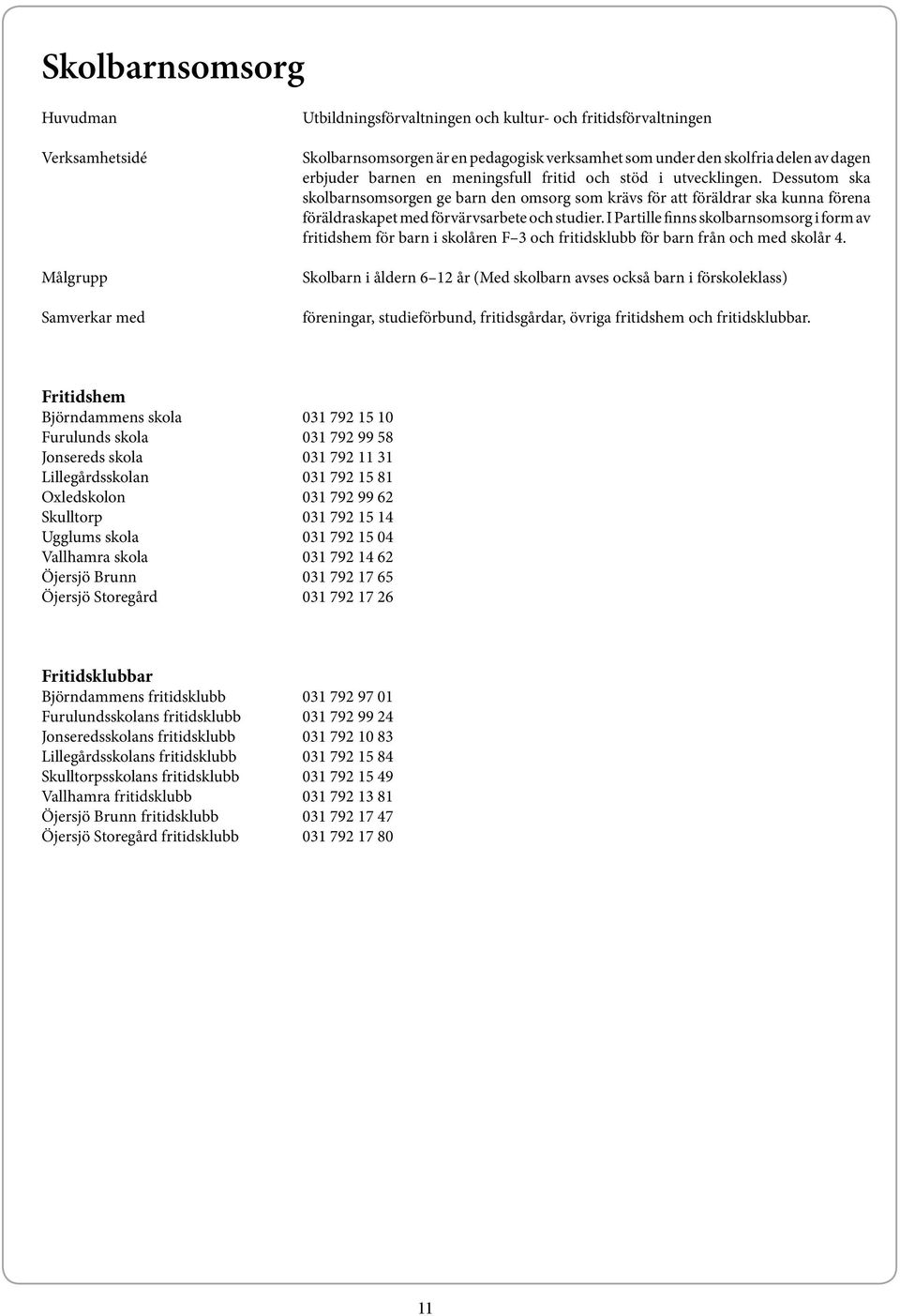 I Partille finns skolbarnsomsorg i form av fritidshem för barn i skolåren F 3 och fritidsklubb för barn från och med skolår 4.