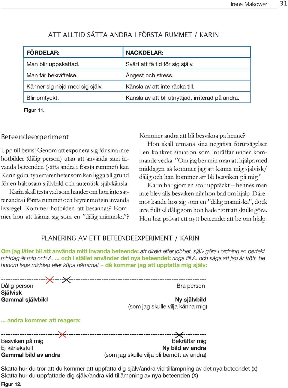 Genom att exponera sig för sina inre hotbilder (dålig person) utan att använda sina invanda beteenden (sätta andra i första rummet) kan Karin göra nya erfarenheter som kan ligga till grund för en