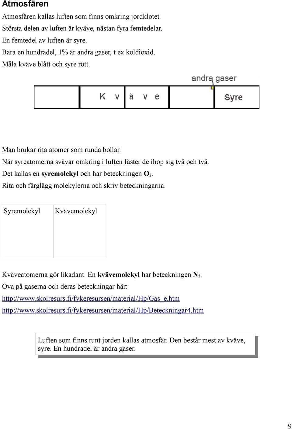 Det kallas en syremolekyl och har beteckningen O2. Rita och färglägg molekylerna och skriv beteckningarna. Syremolekyl Kvävemolekyl Kväveatomerna gör likadant. En kvävemolekyl har beteckningen N2.