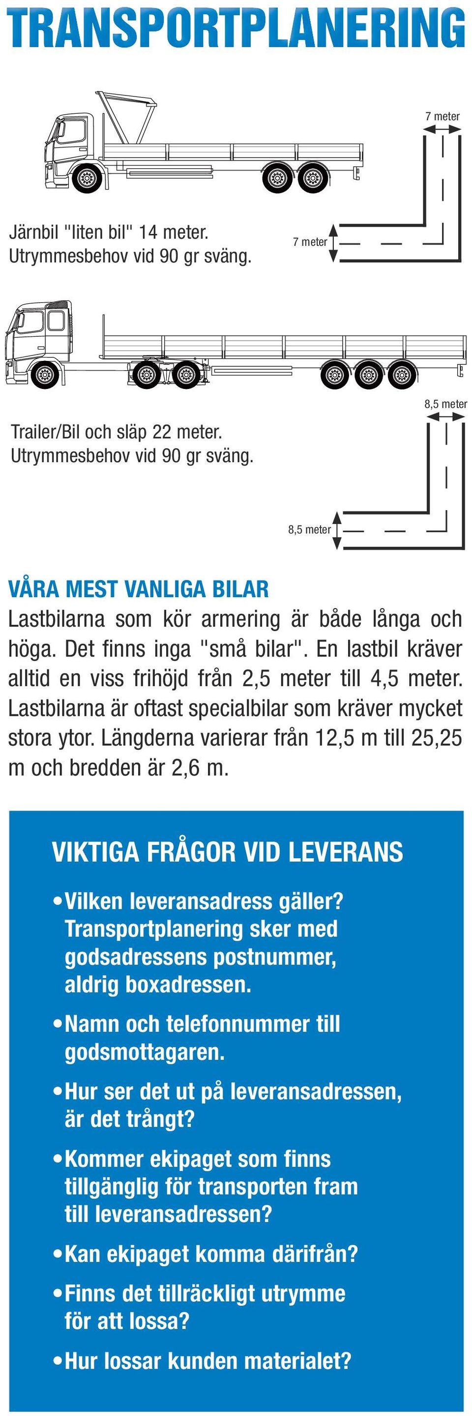 Längderna varierar från 12,5 m till 25,25 m och bredden är 2,6 m. VIKTIGA FRÅGOR VID LEVERANS Vilken leveransadress gäller? Transportplanering sker med godsadressens postnummer, aldrig boxadressen.