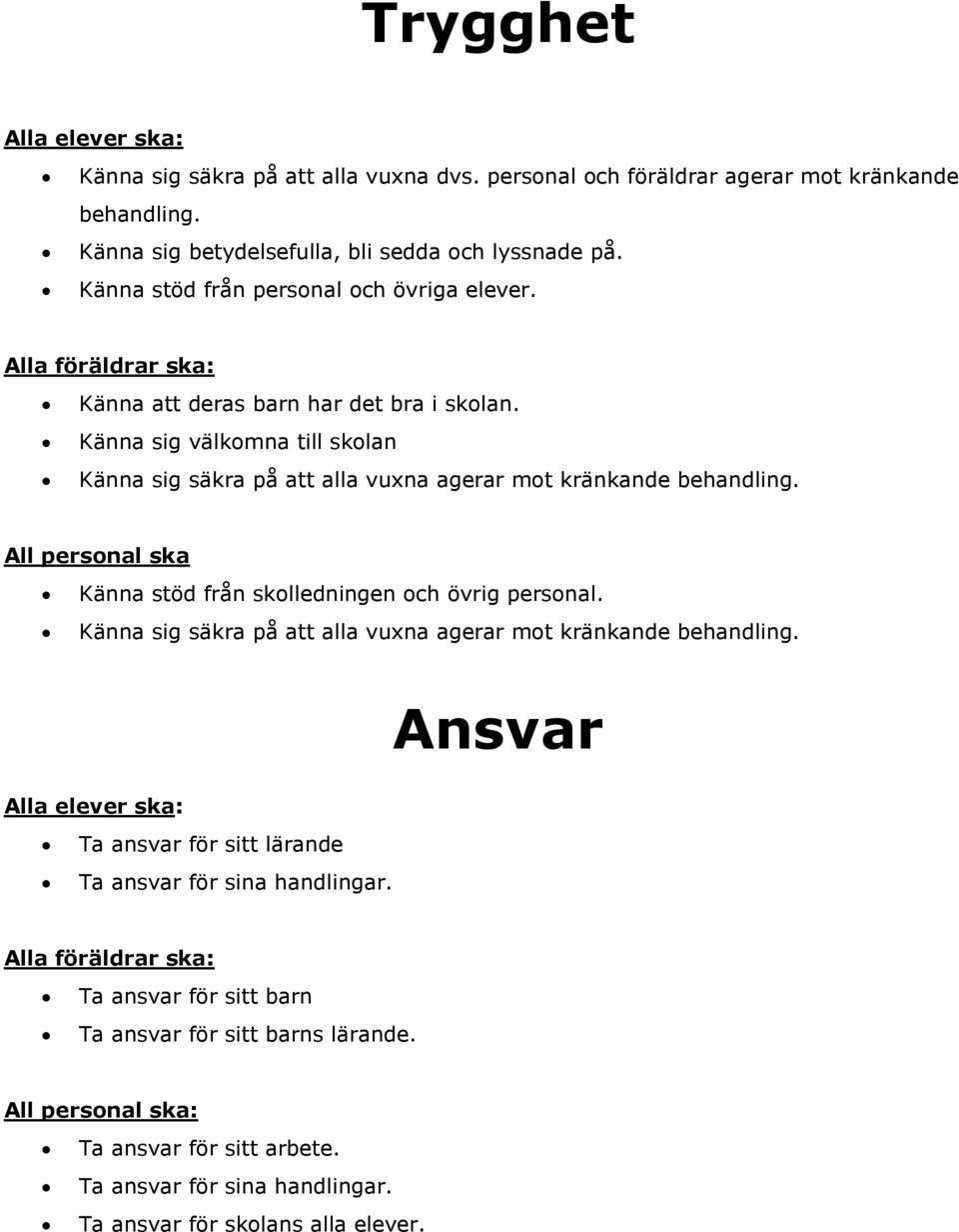 Känna sig välkomna till skolan Känna sig säkra på att alla vuxna agerar mot kränkande behandling. All personal ska Känna stöd från skolledningen och övrig personal.