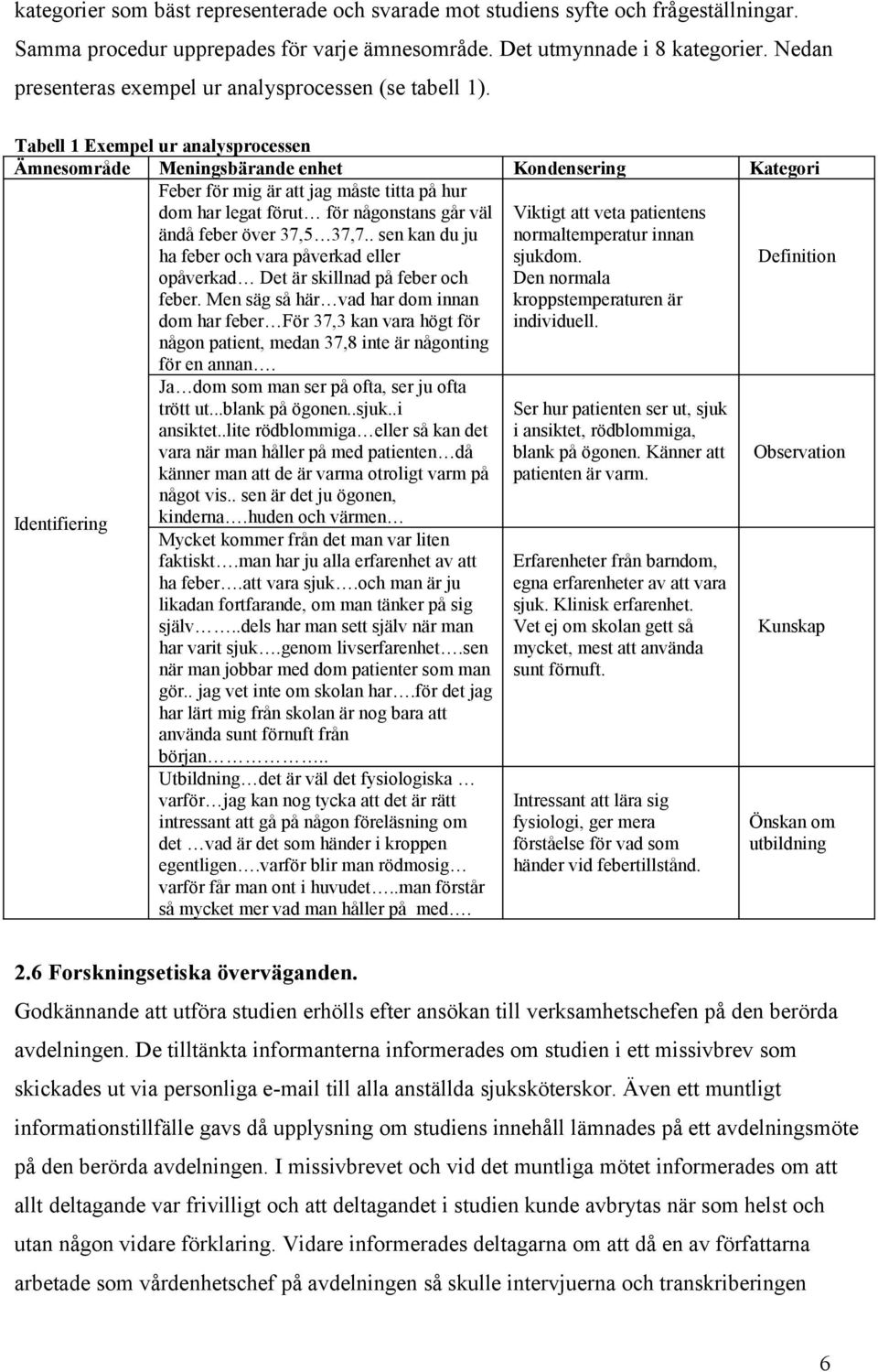 Tabell 1 Exempel ur analysprocessen Ämnesområde Meningsbärande enhet Kondensering Kategori Feber för mig är att jag måste titta på hur dom har legat förut för någonstans går väl Viktigt att veta