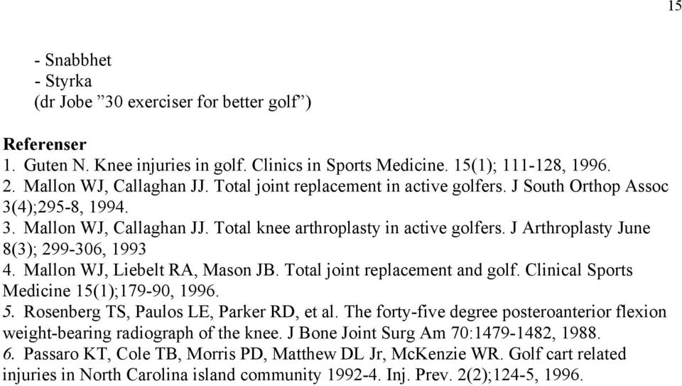 Mallon WJ, Liebelt RA, Mason JB. Total joint replacement and golf. Clinical Sports Medicine 15(1);179-90, 1996. 5. Rosenberg TS, Paulos LE, Parker RD, et al.