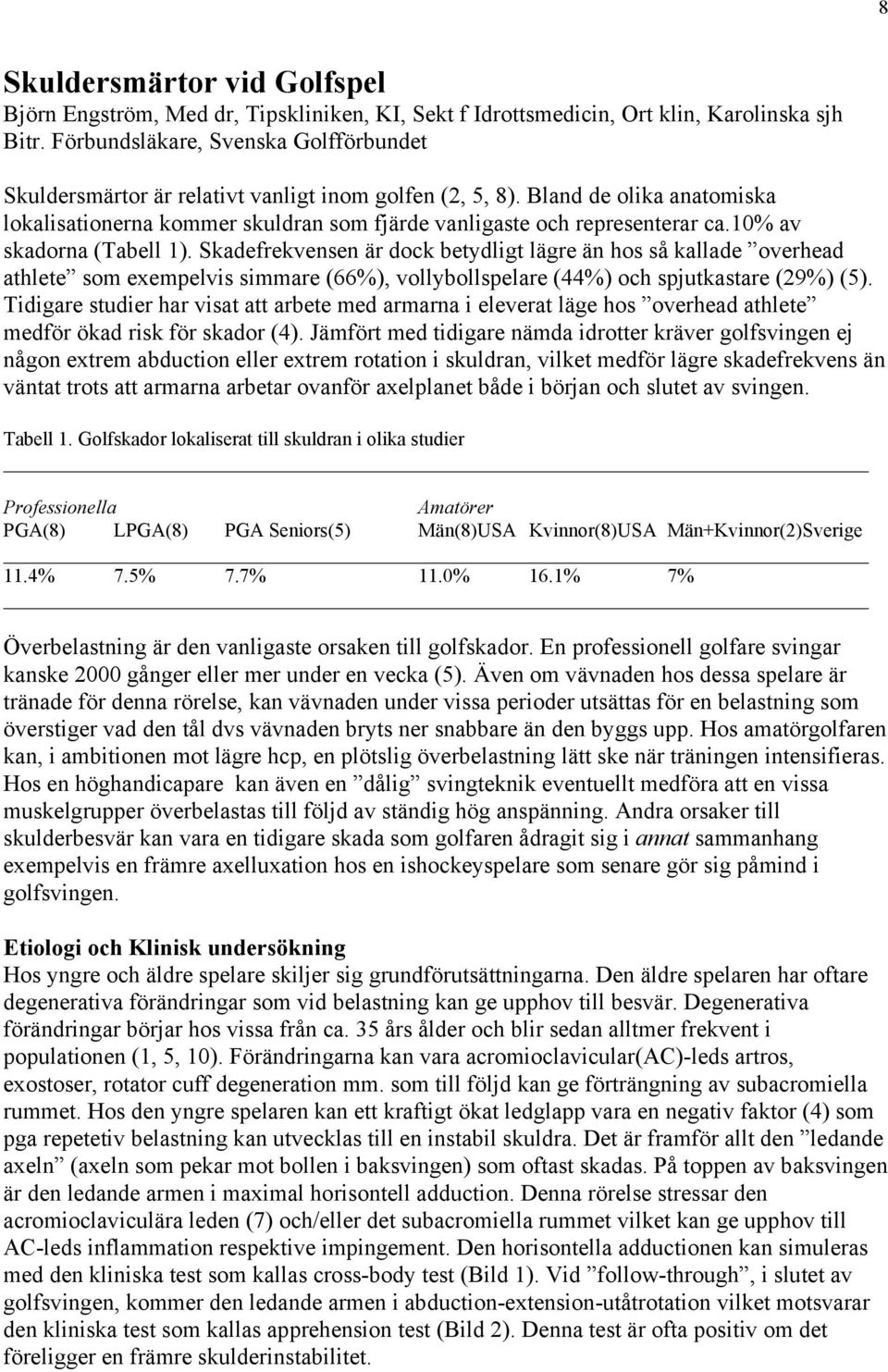 10% av skadorna (Tabell 1). Skadefrekvensen är dock betydligt lägre än hos så kallade overhead athlete som exempelvis simmare (66%), vollybollspelare (44%) och spjutkastare (29%) (5).