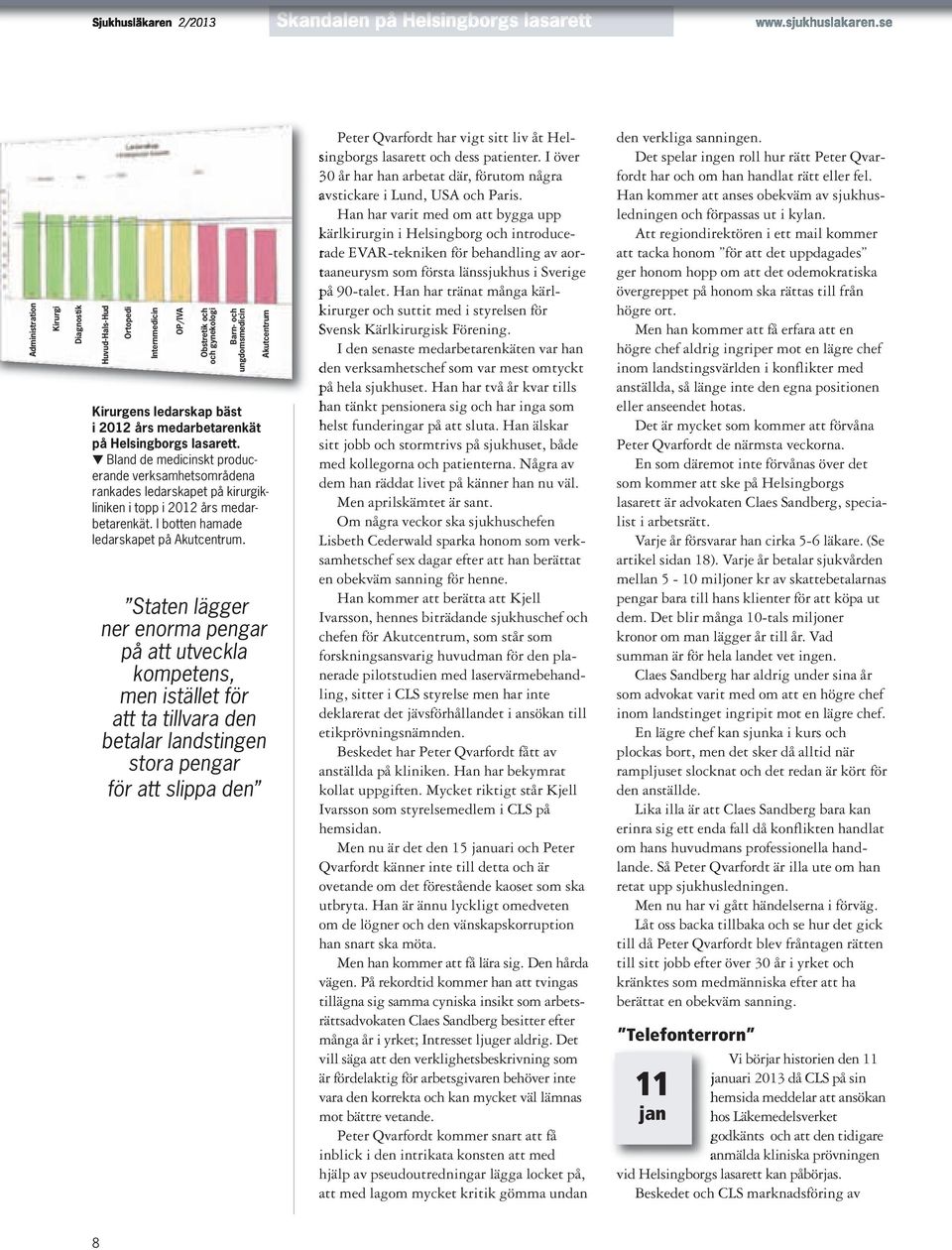på Helsingborgs lasarett. t Bland de medicinskt producerande verksamhetsområdena rankades ledarskapet på kirurgikliniken i topp i 2012 års medarbetarenkät. I botten hamade ledarskapet på Akutcentrum.