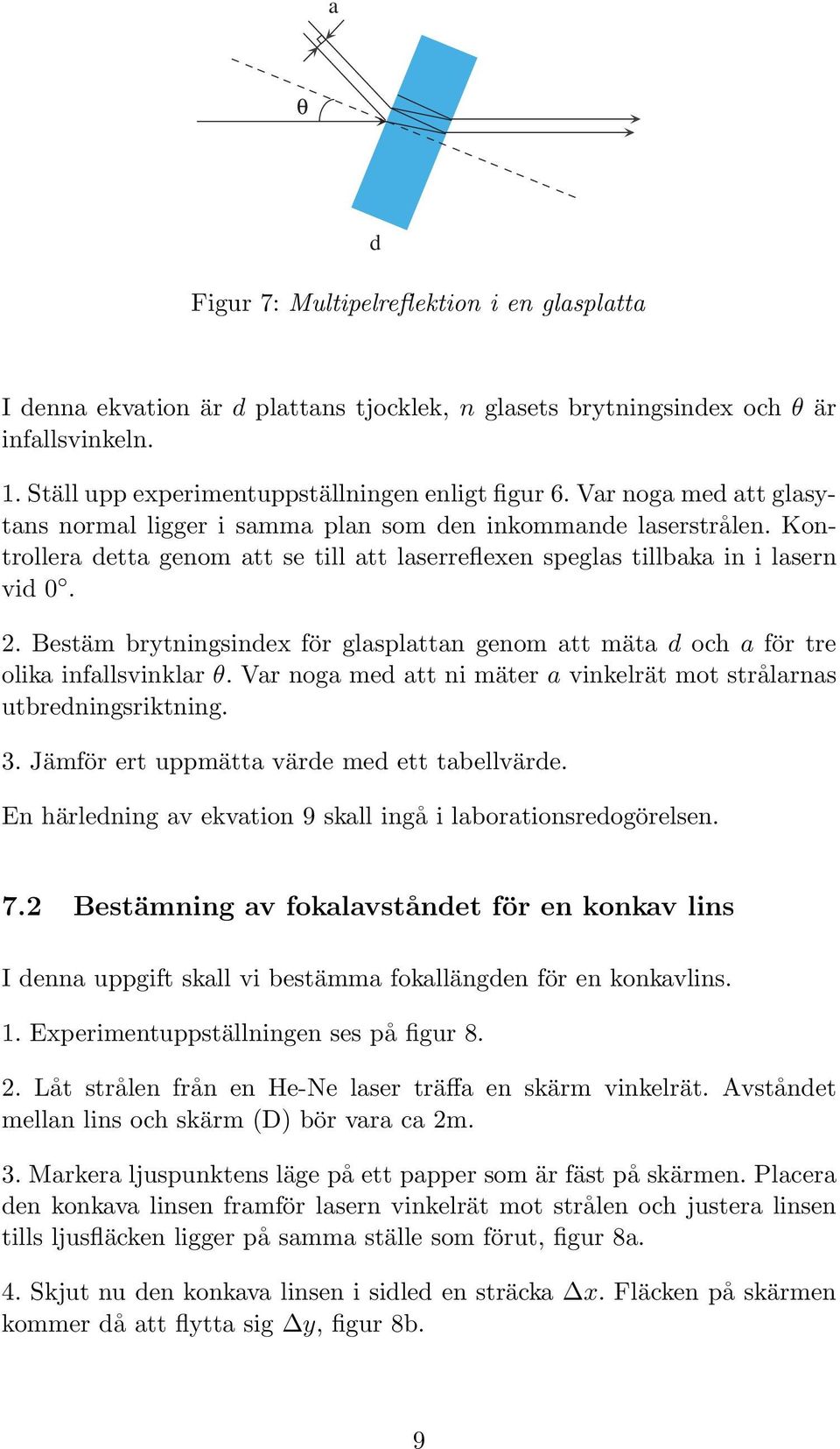 Bestäm brytningsindex för glasplattan genom att mäta d och a för tre olika infallsvinklar θ. Var noga med att ni mäter a vinkelrät mot strålarnas utbredningsriktning. 3.