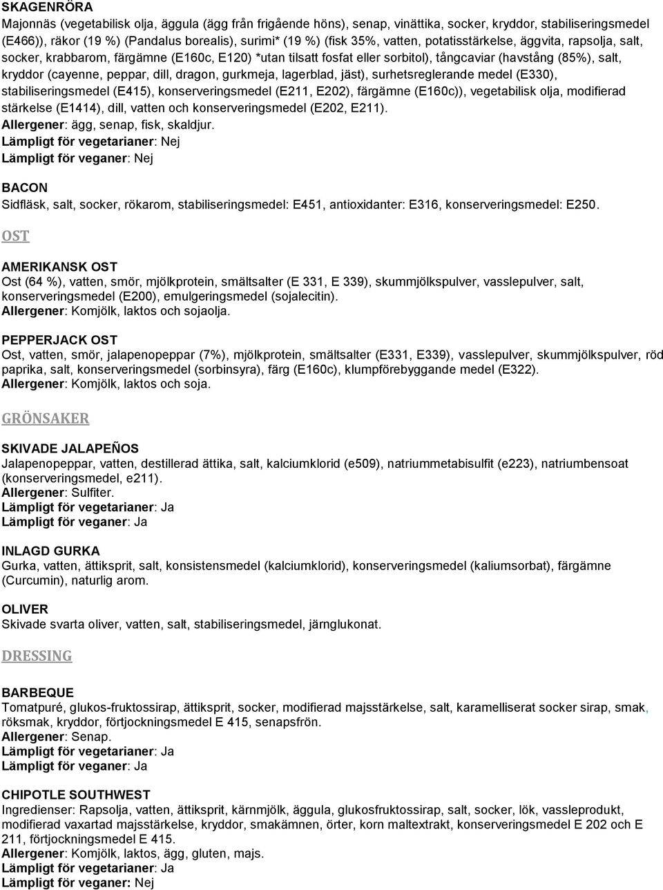 dragon, gurkmeja, lagerblad, jäst), surhetsreglerande medel (E330), stabiliseringsmedel (E415), konserveringsmedel (E211, E202), färgämne (E160c)), vegetabilisk olja, modifierad stärkelse (E1414),