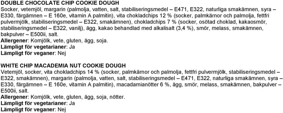 ägg, kakao behandlad med alkalisalt (3,4 %), smör, melass, smakämnen, bakpulver E500ii, salt. Allergener: Komjölk, vete, gluten, ägg, soja.