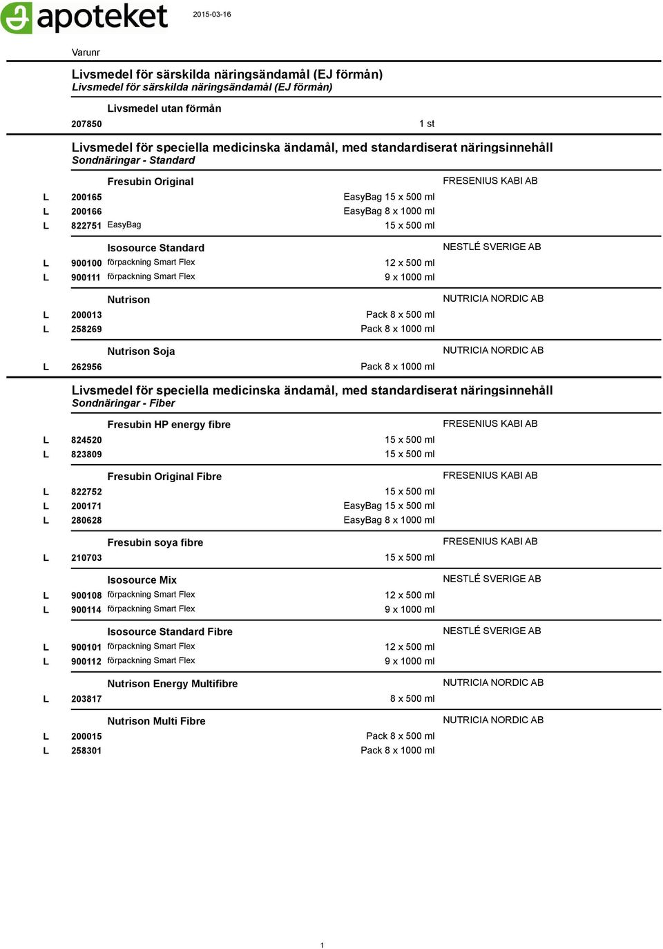 1000 ml NESTÉ SVERIGE AB 200013 258269 262956 Nutrison Nutrison Soja Pack 8 x 500 ml Pack 8 x 1000 ml Pack 8 x 1000 ml ivsmedel för speciella medicinska ändamål, med standardiserat näringsinnehåll