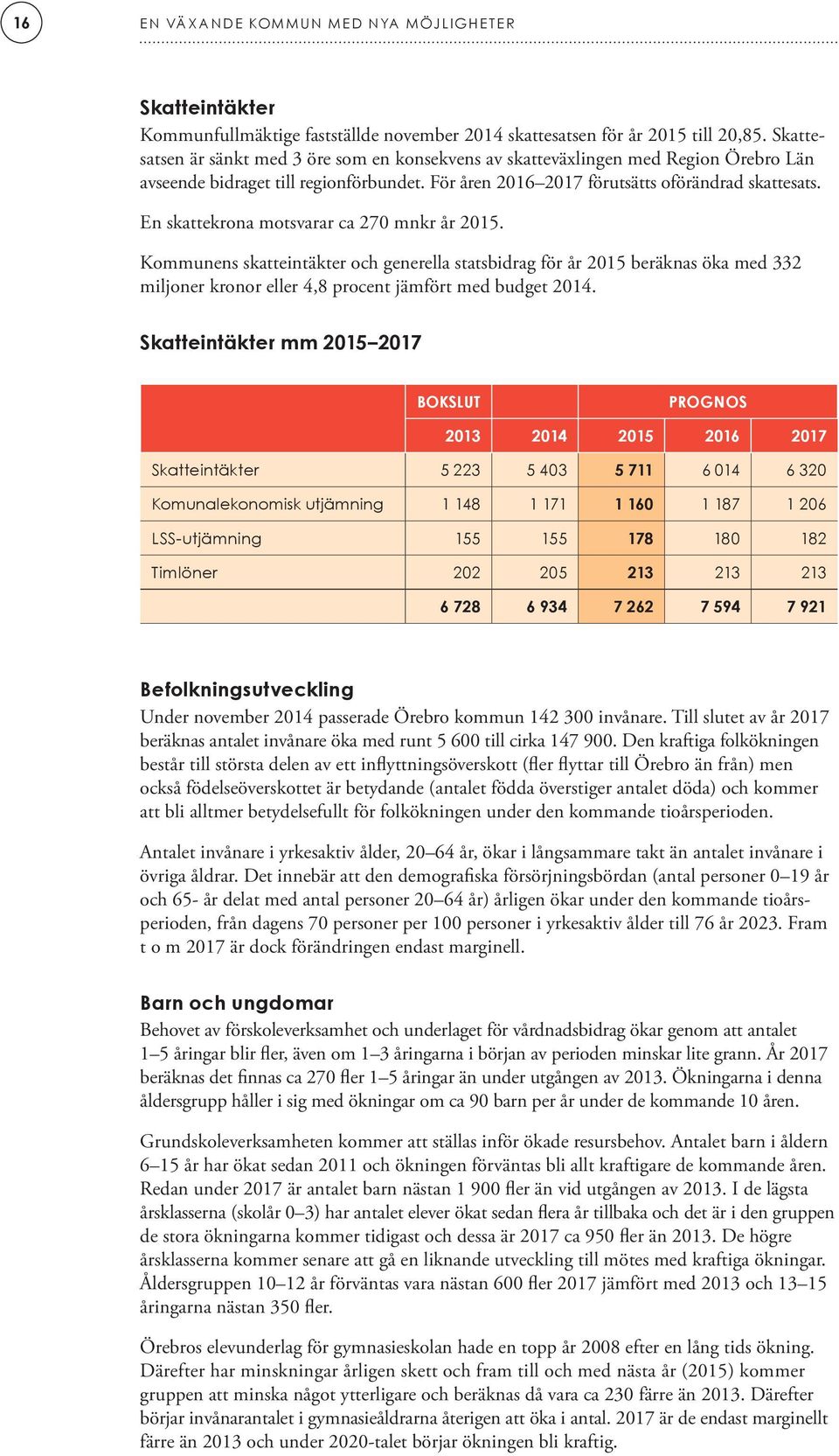 En skattekrona motsvarar ca 270 mnkr år 2015. Kommunens skatteintäkter och generella statsbidrag för år 2015 beräknas öka med 332 miljoner kronor eller 4,8 procent jämfört med budget 2014.