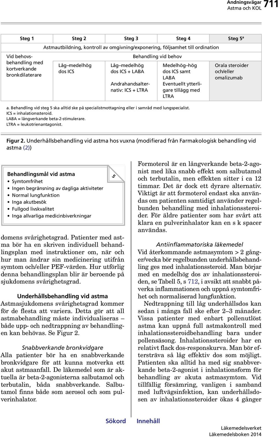 Behandling vid steg 5 ska alltid ske på specialistmottagning eller i samråd med lungspecialist. ICS = inhalationssteroid. LABA = långverkande beta-2-stimulerare. LTRA = leukotrienantagonist.