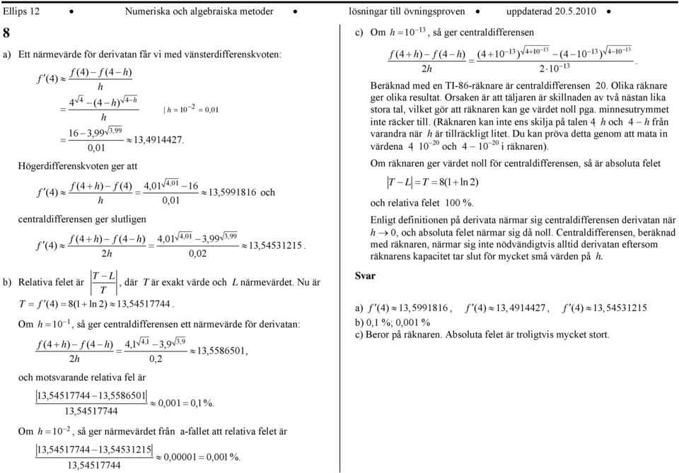 , Högerdifferenskvoten ger att h = =,, ( ) (), 6 f + h f f () =,9986 och h, centraldifferensen ger slutligen,,99 f( + h) f( h),,99 f () =,.