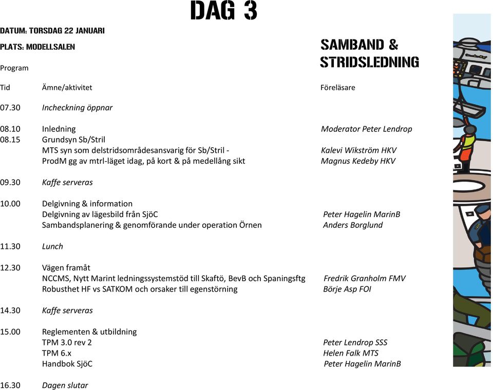 00 Delgivning & information Delgivning av lägesbild från SjöC Sambandsplanering & genomförande under operation Örnen Peter Hagelin MarinB Anders Borglund 12.