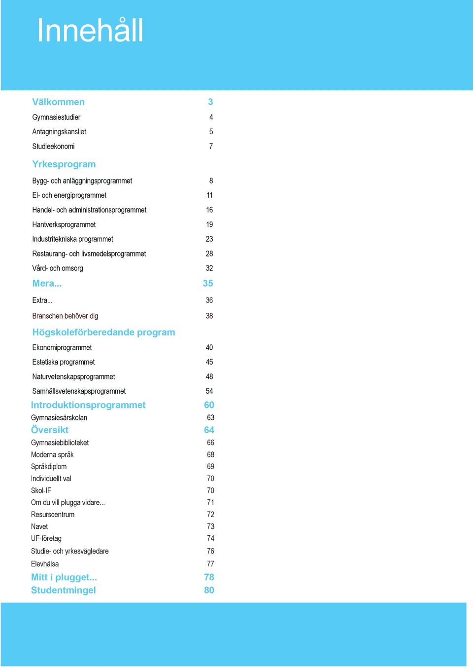 .. 36 Branschen behöver dig 38 Högskoleförberedande program Ekonomiprogrammet 40 Estetiska programmet 45 Naturvetenskapsprogrammet 48 Samhällsvetenskapsprogrammet 54 Introduktionsprogrammet 60