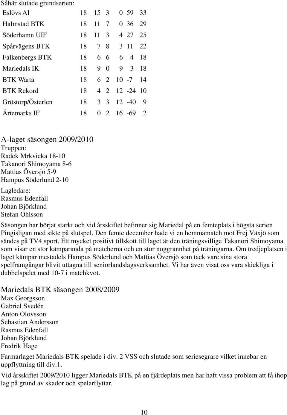 Mattias Översjö 5-9 Hampus Söderlund 2-10 Lagledare: Rasmus Edenfall Johan Björklund Stefan Ohlsson Säsongen har börjat starkt och vid årsskiftet befinner sig Mariedal på en femteplats i högsta