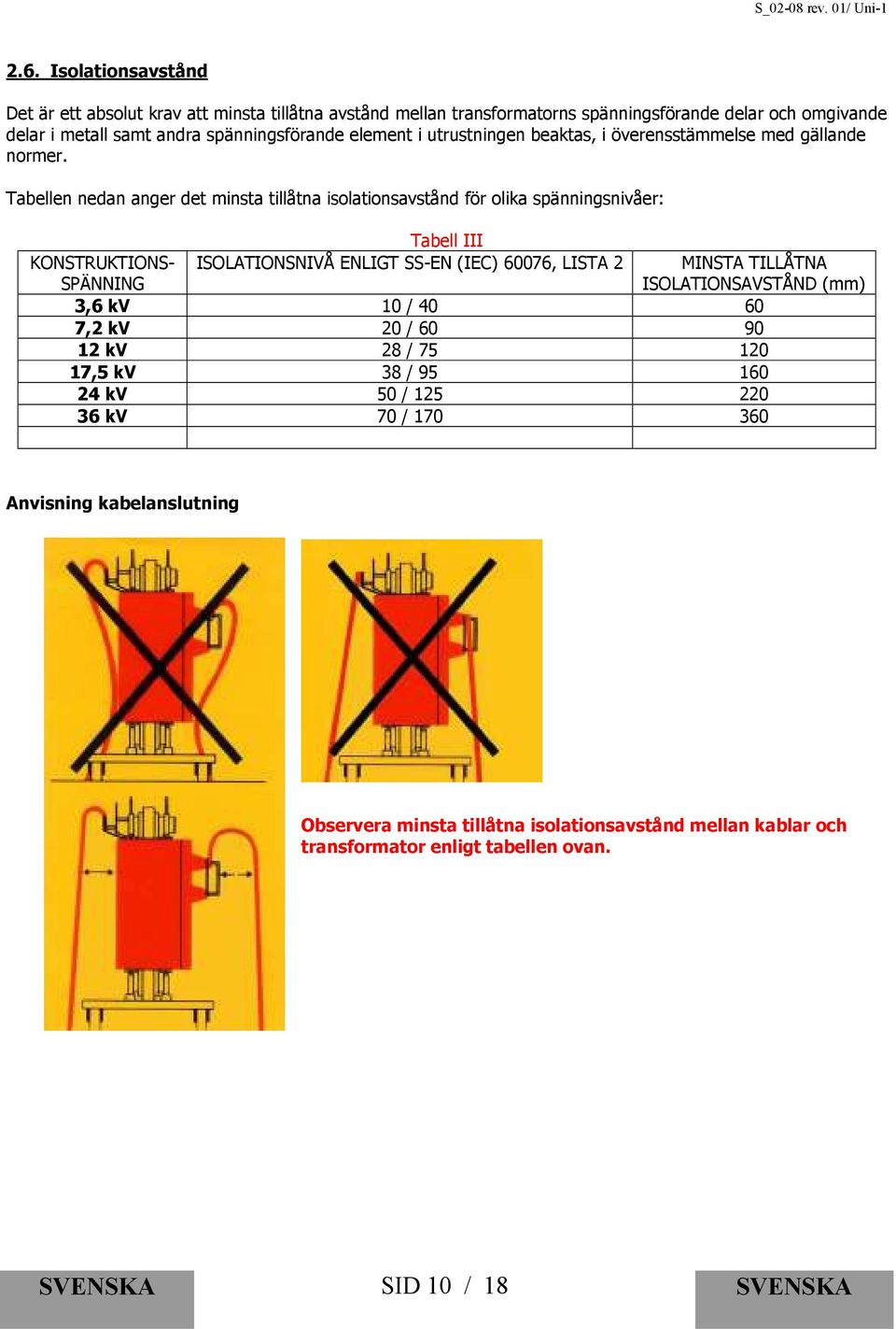 Tabellen nedan anger det minsta tillåtna isolationsavstånd för olika spänningsnivåer: KONSTRUKTIONS- SPÄNNING Tabell III ISOLATIONSNIVÅ ENLIGT SS-EN (IEC) 60076, LISTA 2 MINSTA